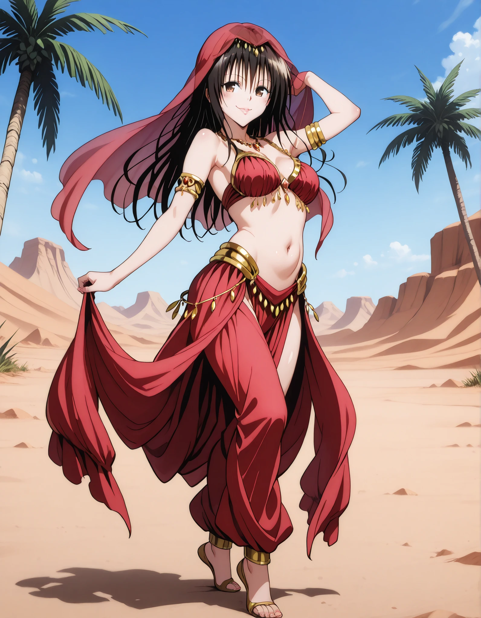 (1girl:1 . 5) , (Seul:1 . 5) , score_9 , score_8_haut , score_7_haut , source_anime , Official work  , ultra-detailed , masterpiece , better quality , high resolution , beaux yeux , detailed eyes , Detailed face , beautiful detailed eyes ,To Love Ru,Kotegawa Yui,Arabian Clothes , Arabian Dancer ,belly dancer costume,belly dancer outfit ,full body,golden jewelery,armlet, belly dancing,desert lands,palm tree,seductive smile, dancing with veil, dynamic movement,dance posture, seductive pose