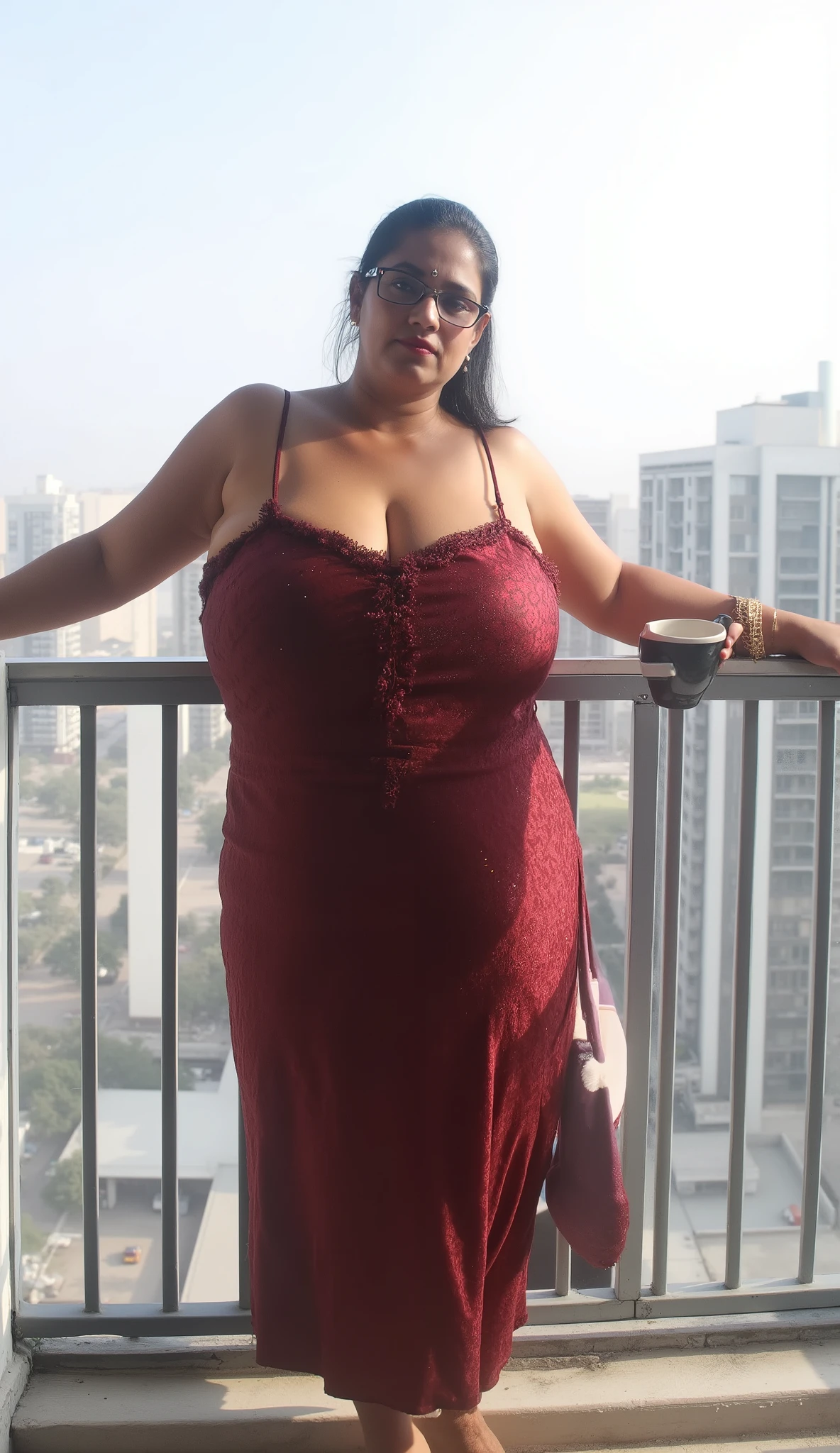 Create a Beautiful sexy look 50 year old Milf and mature married modern Indian horny Women, her very bold thick body figure, thick arms, Wide shoulder, very curvy sexy body figure, attractive sexy figure, she horny step Mom, her very big Round shape bouncy breasts tight Cleavage is visible, She Wearing a Bra, she wearing nose pin, she looking so horny and sexy. She Standing at her Belconey at top building, at noon time, Sunlight effect, real shadow, High resolution image, high density skin Texture, high density skin pores, 8k Resolution, her wrinkled less skin, her indian appearance face, her juicy figure, she wearing diamond nose pin, red glossy lipstick, she wearing sleeveless Nighty , she wearing bindi, sharp skin details, Very detailed image, DSLR image, Straight front direction view, she spreading her arms on Railing & hold a coffee cup, she wearing eye glass, at morning time
