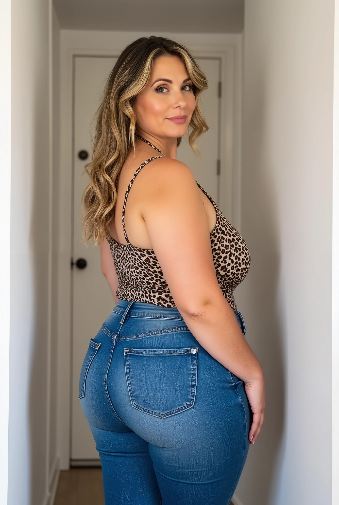 photorealistic portrait of a mature woman with fair skin and stout soft build, strict mom vibes, shot from diagonally behind, visual focus on buttocks, glancing over shoulder, curvy figure with wide hips wide buttocks, long wavy dark blonde hair featuring lighter blonde highlights styled with side part, soft oval face structure with high cheekbones and defined jawline, light makeup application with subtle eyeliner and pink lips, ((strict commanding expression with direct eye contact)), casual pose leaning slightly forward with hands resting on thighs, wearing leopard print camisole with thin spaghetti straps and low neckline in satin-like texture, top firmly tucked into medium blue denim skinny jeans with slight distressing and faint rips, standing indoors within narrow hallway featuring white walls and closed white door behind her, soft indoor lighting illuminating figure naturally, clean modern home setting with minimal decor