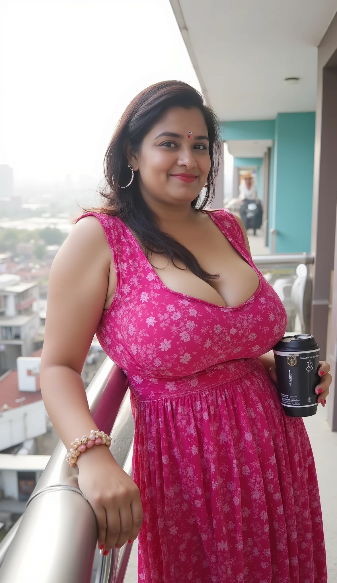Create a Beautiful sexy look 50 year old Milf and mature married modern Indian horny  Women, her very bold  thick body figure, thick arms, Wide shoulder, very curvy sexy body figure, attractive sexy figure, she horny step Mom, her very big Round shape bouncy breasts tight Cleavage is visible, She Wearing a Bra, she wearing nose pin, she looking so horny and sexy. She Standing at her Belconey at top building, at noon time, Sunlight effect, real shadow, High resolution image, high density skin Texture, high density skin pores, 8k Resolution, her wrinkled less skin, her indian appearance face, her juicy figure, she wearing diamond nose pin, red glossy lipstick, she wearing sleeveless Nighty , she wearing bindi, sharp skin details, Very detailed image, DSLR image, Straight front direction view, she spreading her arms on Railing & hold a coffee cup, she wearing eye glass, at morning time 
‎