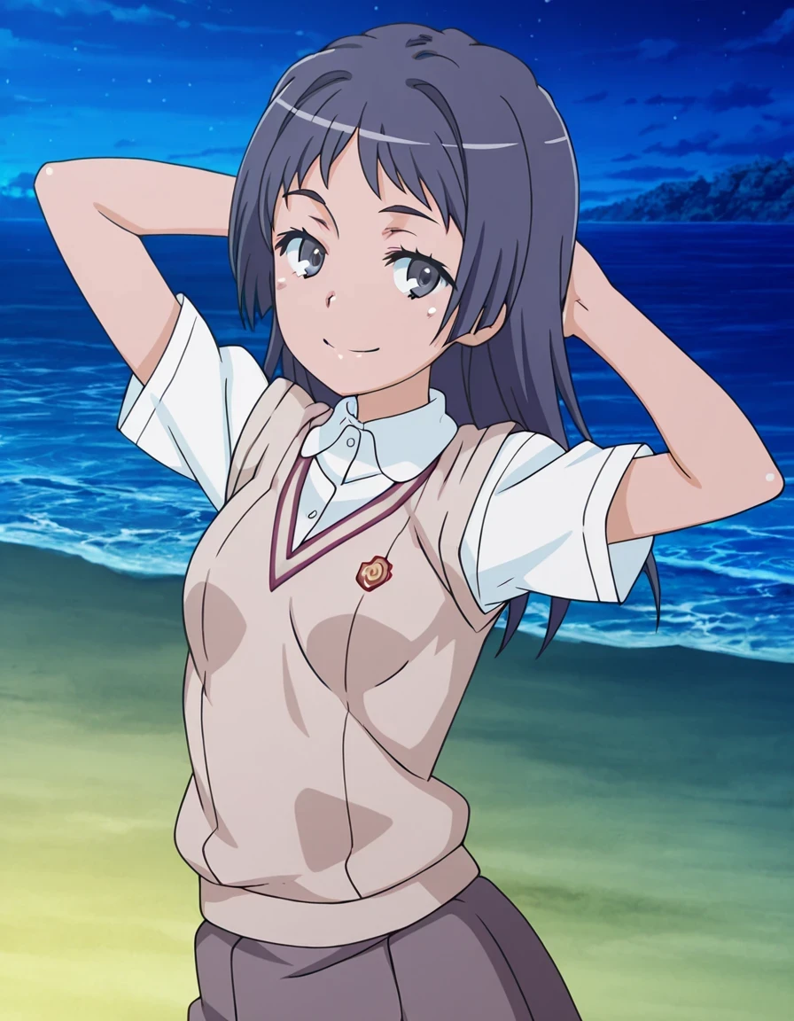 maaya awatsuki \(railgun\), Toaru Kagaku no Railgun & Index anime style, dark blue hair, long hair, bangs, sidelocks, blue eyes, school uniform, skirt, small breasts,  anime screencap, high quality, solo, shiny skin, night sky, beach, arms behind head, (contrapposto), closed mouth, smile, medium shot, looking at viewer, best quality