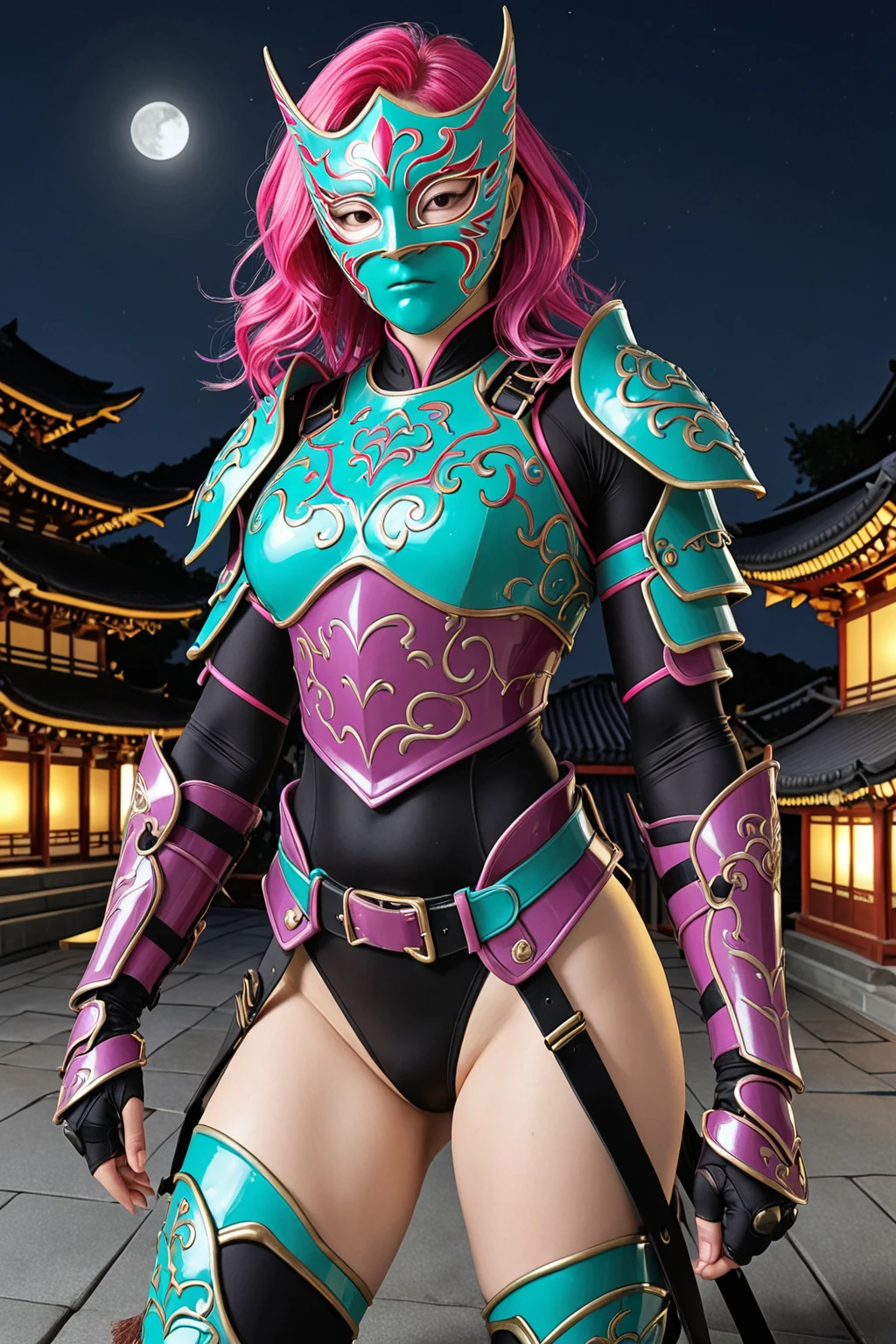 nighttime,full body,Genshin Impact:Raiden Shogun,(((Wearing Fluorescent fabric:harem outfit,Suzhoou embroidery technique:Lace sequin cloak woven from feathers))), Fabric Glows, Masterpiece,best quality,official art,extremely detailed 3DCG unity 8k, ( ##tattoo ##,tattoo, ~+ tattoo), (erfect female curves, huge stacked  and proud cleavage),(A seductive gaze), Facing the camera, Pink lips,Blacklight lighting,full body, pants, vest
