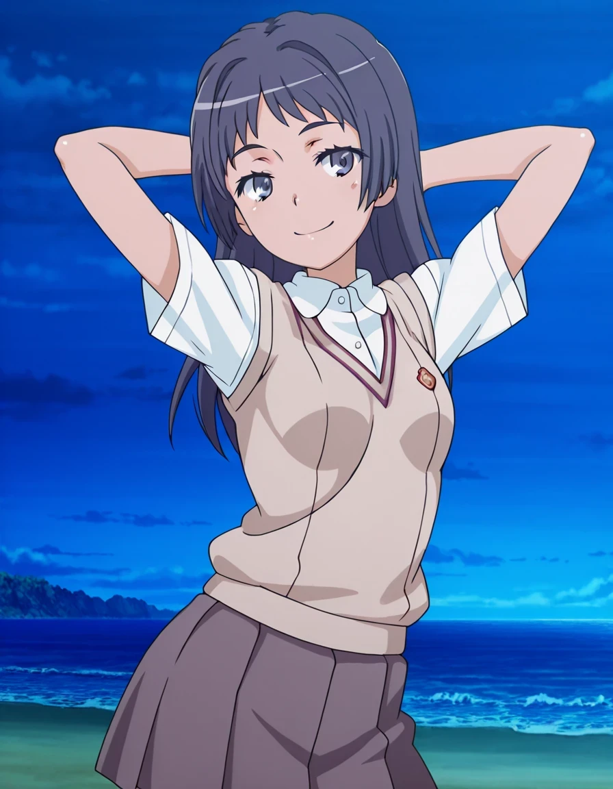 maaya awatsuki \(railgun\), Toaru Kagaku no Railgun & Index anime style, dark blue hair, long hair, bangs, sidelocks, blue eyes, school uniform, skirt, small breasts,  anime screencap, high quality, solo, shiny skin, night sky, beach, arms behind head, (contrapposto), closed mouth, smile, medium shot, looking at viewer, best quality