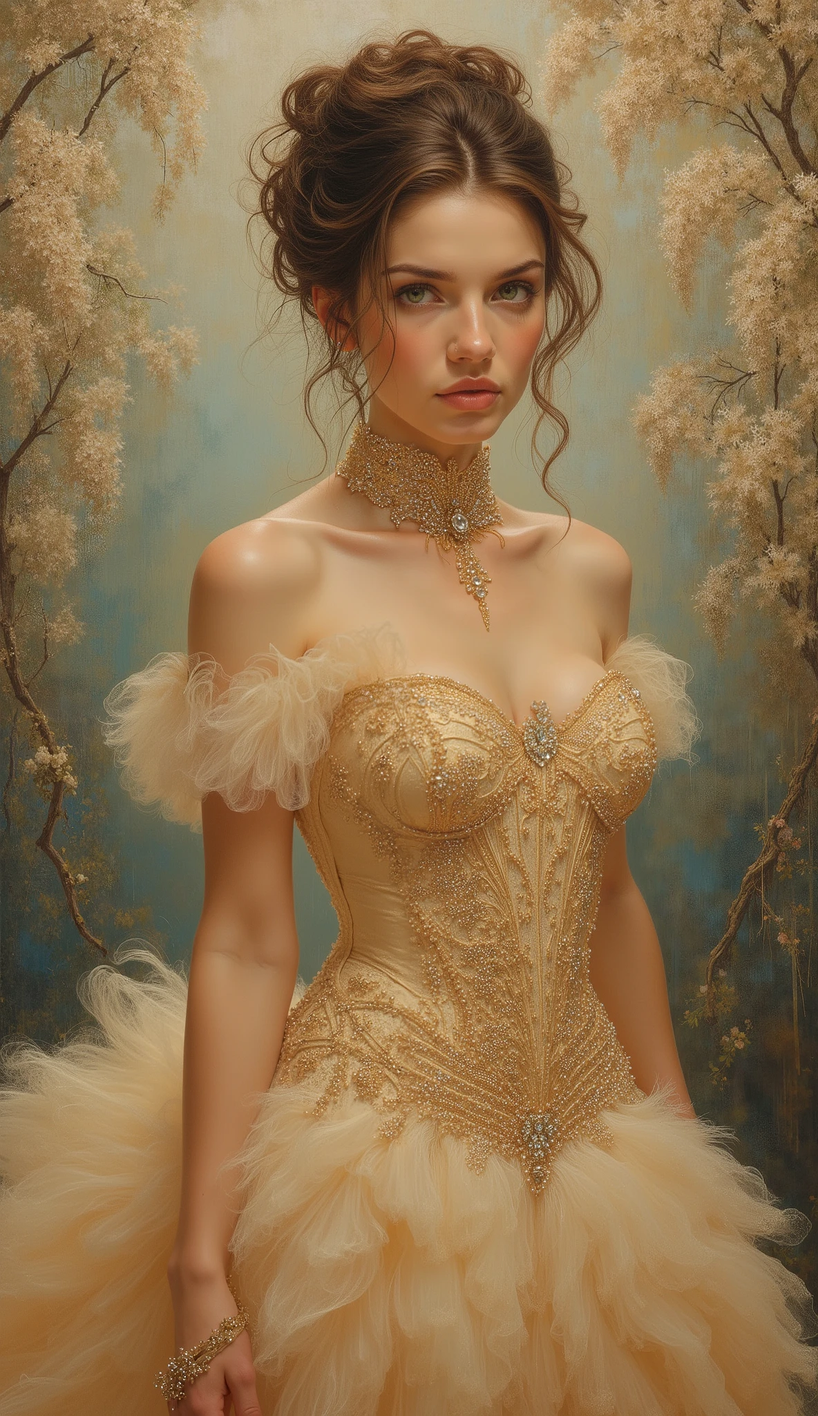 simply a masterpiece, incredible beauty, vintage beauty, branches with wisteria flowers hang, as a background for a beautiful wedding photo, young woman with green eyes and brown hair, that create a very beautiful and very elegant hairstyle, designer hairstyle, a beautiful and full-length young woman is standing in a gorgeous dress. DRESS VERY CHIC design art, The dress is lush, embroidered light beige DRESS with gold patterns and small crystals , corset dress all embroidered, beautiful , fluffy skirt, thick oil painting, extremely soft colors , bright, high detail, Artist great master of Italian , your aesthetic is classical and academic, but you love conceptual art, pop and contemporary art, woman is the highest aesthetic embodiment of nature, and you love to sing her in all her praises Aspects and forms. You are a virtuoso of photographs that love embroidery contrasts between the world with colors and tones. You like to draw, you are a master of in your drawings. You can combine the richness of details with aesthetic simplicity, turning into beauty , oil on canvas , high contrast, dramatic, exquisite, tonal, Create high contrast between light and shadow. painting masterpiece