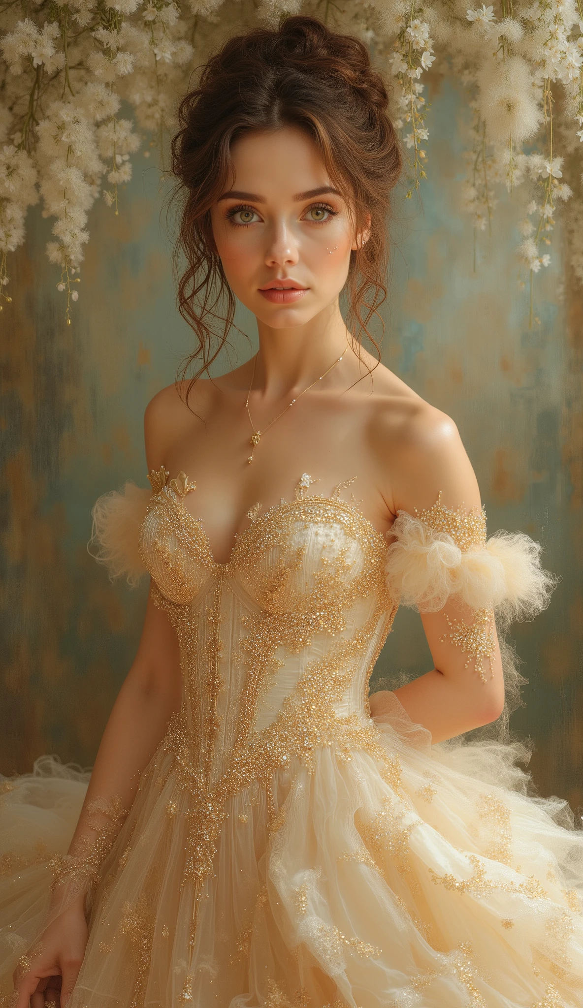simply a masterpiece, incredible beauty, vintage beauty, branches with wisteria flowers hang, as a background for a beautiful wedding photo, young woman with green eyes and brown hair, that create a very beautiful and very elegant hairstyle, designer hairstyle, a beautiful and full-length young woman is standing in a gorgeous dress. DRESS VERY CHIC design art, The dress is lush, embroidered light beige DRESS with gold patterns and small crystals , corset dress all embroidered, beautiful , fluffy skirt, thick oil painting, extremely soft colors , bright, high detail, Artist great master of Italian , your aesthetic is classical and academic, but you love conceptual art, pop and contemporary art, woman is the highest aesthetic embodiment of nature, and you love to sing her in all her praises Aspects and forms. You are a virtuoso of photographs that love embroidery contrasts between the world with colors and tones. You like to draw, you are a master of in your drawings. You can combine the richness of details with aesthetic simplicity, turning into beauty , oil on canvas , high contrast, dramatic, exquisite, tonal, Create high contrast between light and shadow. painting masterpiece