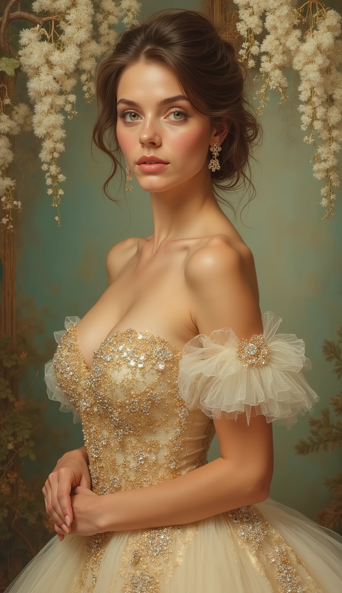 simply a masterpiece, incredible beauty, vintage beauty, branches with wisteria flowers hang, as a background for a beautiful wedding photo, young woman with green eyes and brown hair, that create a very beautiful and very elegant hairstyle, designer hairstyle, a beautiful and full-length young woman is standing in a gorgeous dress. DRESS VERY CHIC design art, The dress is lush, embroidered light beige DRESS with gold patterns and small crystals , corset dress all embroidered, beautiful , fluffy skirt, thick oil painting, extremely soft colors , bright, high detail, Artist great master of Italian , your aesthetic is classical and academic, but you love conceptual art, pop and contemporary art, woman is the highest aesthetic embodiment of nature, and you love to sing her in all her praises Aspects and forms. You are a virtuoso of photographs that love embroidery contrasts between the world with colors and tones. You like to draw, you are a master of in your drawings. You can combine the richness of details with aesthetic simplicity, turning into beauty , oil on canvas , high contrast, dramatic, exquisite, tonal, Create high contrast between light and shadow. painting masterpiece