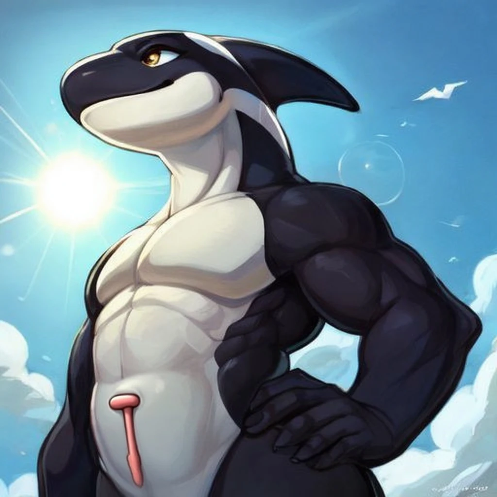 Muscular male, furry, male swimwear, solo, sexually explicit swimwear, standing, outside, beach, hyper bulge