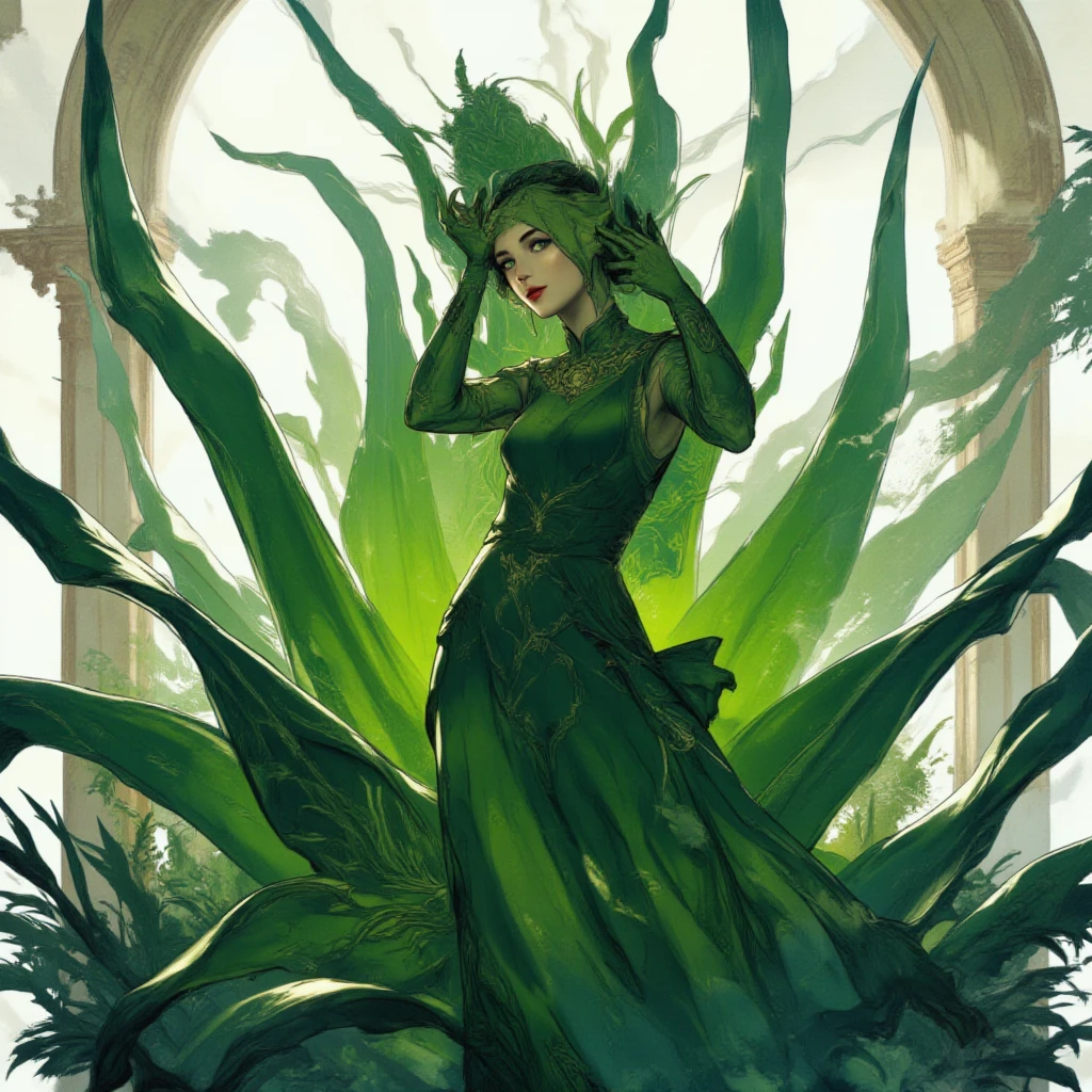 Medusa, comic panel, candid,((art style "Sean Gordon Murphy" comic drawing, splash panel)), snake skin dress, (background, pine barrens, entropy, rewilding, magic hour nautical twilight), body drawn in Frederic Delavier musculature anatomical illustration art style, (face, ornate black metal  paint, resembles Grace Jones), silhouette, full body portrait, (body, Naga, snakefolk, lower body snake tail, snake woman hybrid, bald, hairless, skeleton, snake skin tattoos, piercing eyes, snake pupils), craftsmanship nuance, full body portrait, (colors, forest green to earth brown, merge bleak muted deep fiery radiant glowing CMYK hues, (horror, abstract, surreal, body, cosmic), (art style Gerardo Zaffino charcoal), double exposure, optical illusion, nyctophobia, subliminal orchids, unfinished,