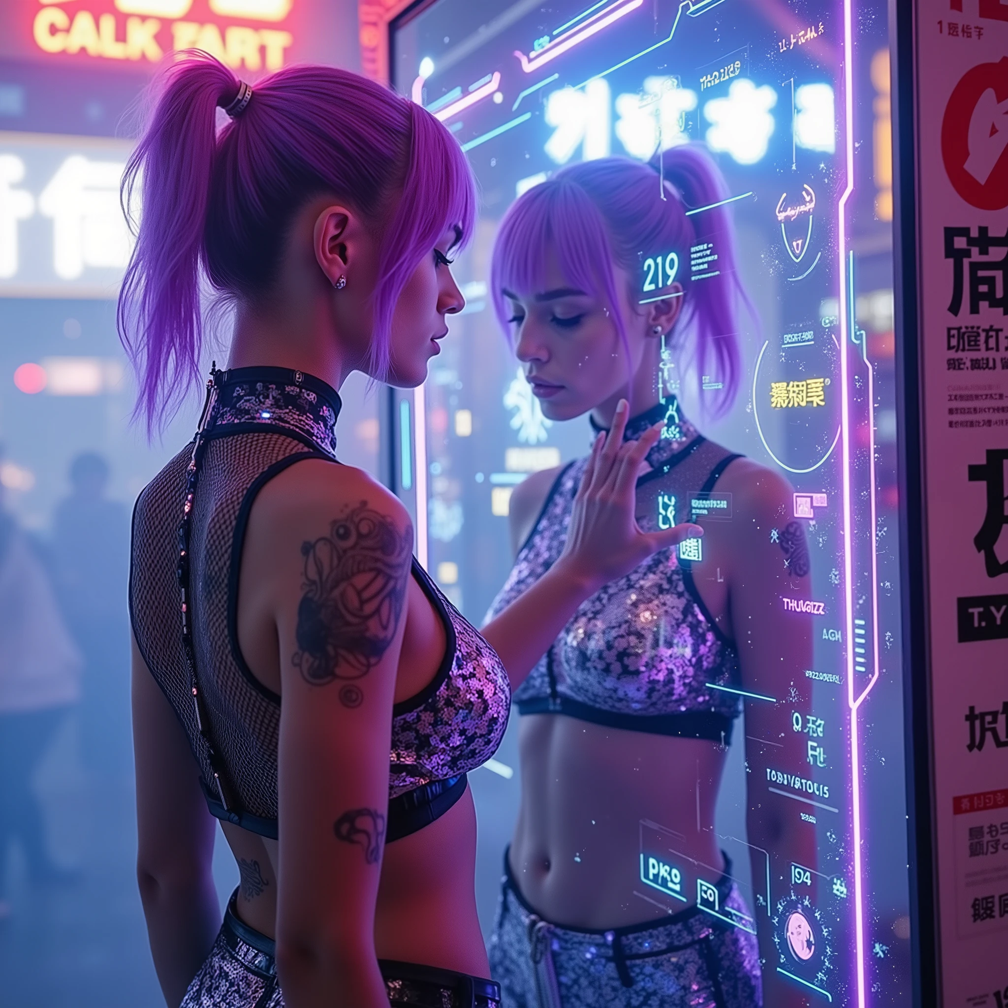 female,athletic girl,Polina, Eiza,Teen,
💋 : A cybergothic beauty looks at her digitally distorted reflection in neon darkness — the smart mirror reveals her hidden cyberware implants and data streams.

🌟 : Cyberpunk hyperrealism, 8K, synthetic neon lighting with glitch-like distortions, digital HUD elements

🌌 : Fogged up smart mirror in a Tokyo cyber bar — reflects glaring Advertising neons (japanische Kanji, Energie-Drink-Logos), smoky air with holographic dust

😈 : An androgynous figure with purple LED Highlight haircut, biotechnical skin mods and glowing knee implants. Your mesh body under the torn reflective jacket shows circuit tattoos
🔥 : She touches the mirror with cybernetic fingers, that instantly activates a HUD:
◉ Face recognition: [UNKNOWN]
◉ Biorhythm: 89% SYNTH
◉ Threat-Level: ???
Your reflection glitches, suddenly shows a strange smile — while real drops of blood drip from her nose onto the touch display.