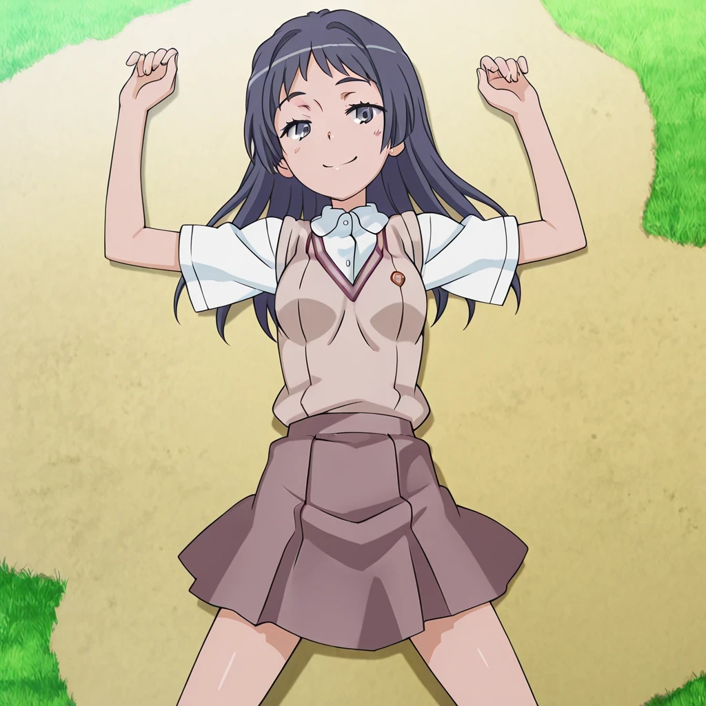 maaya awatsuki \(railgun\), Toaru Kagaku no Railgun & Index anime style, dark blue hair, long hair, bangs, sidelocks, blue eyes, school uniform, skirt, socks, heels, small breasts, anime screencap, high quality, solo, lying, on back, arms up, legs apart, closed mouth, on grass, full body, looking at viewer, overhead view, smile, best quality,