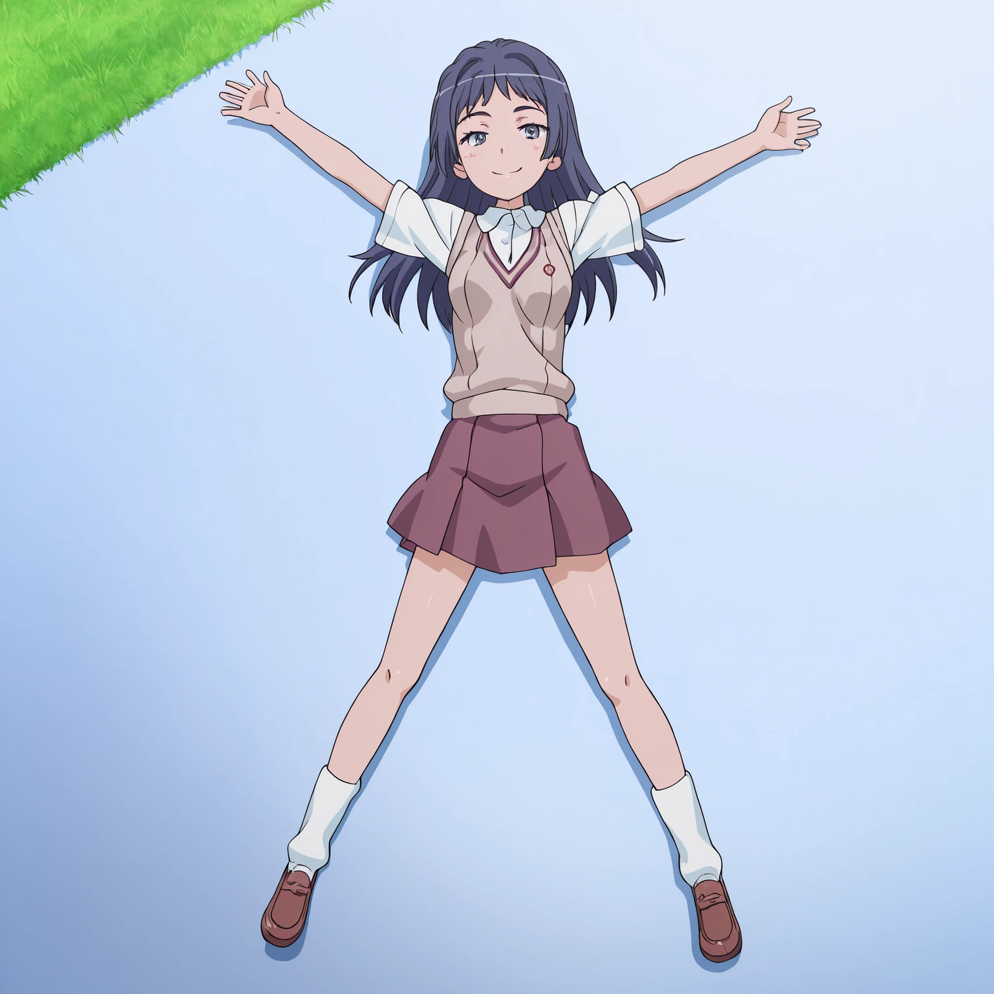 maaya awatsuki \(railgun\), Toaru Kagaku no Railgun & Index anime style, dark blue hair, long hair, bangs, sidelocks, blue eyes, school uniform, skirt, socks, brown footwear, small breasts, anime screencap, high quality, solo, lying, on back, arms up, legs apart, closed mouth, on grass, full body, looking at viewer, overhead view, smile, best quality,