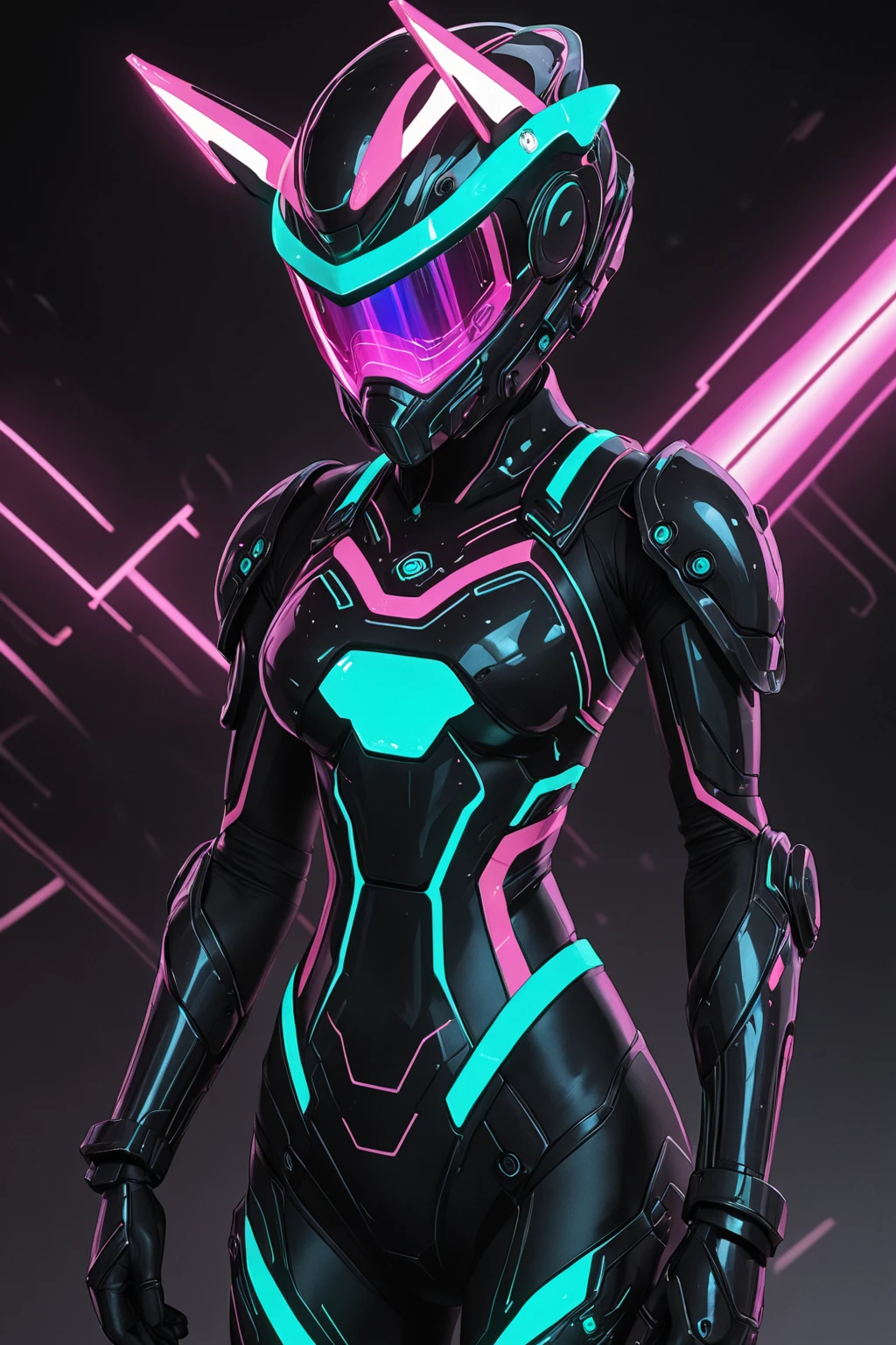 <lora:Neon_Vaporwave_IL:1.2>mad-vprwv, cyber samurai,made entirely of neon grid  neon katana, futuristic armor, glowing visor, tech ninja