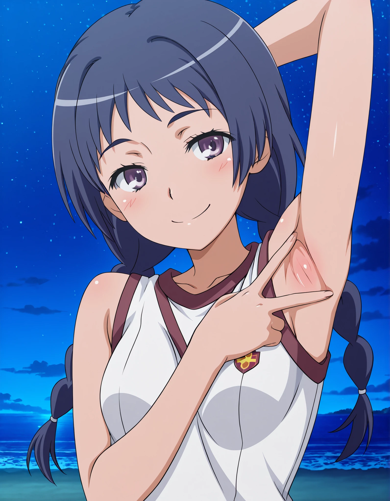 maaya awatsuki \(railgun\), Toaru Kagaku no Railgun & Index anime style, dark blue hair, long hair, braid, twin braids, purple eyes, tokiwadai gym uniform, gym uniform, bare shoulders, sleeveless shirt, white shirt, anime screencap, best quality, solo, night sky, beach, spread armpit, armpits, armpit focus, v, ((contrapposto)), closed mouth, upper body, looking at viewer, smile, high quality,