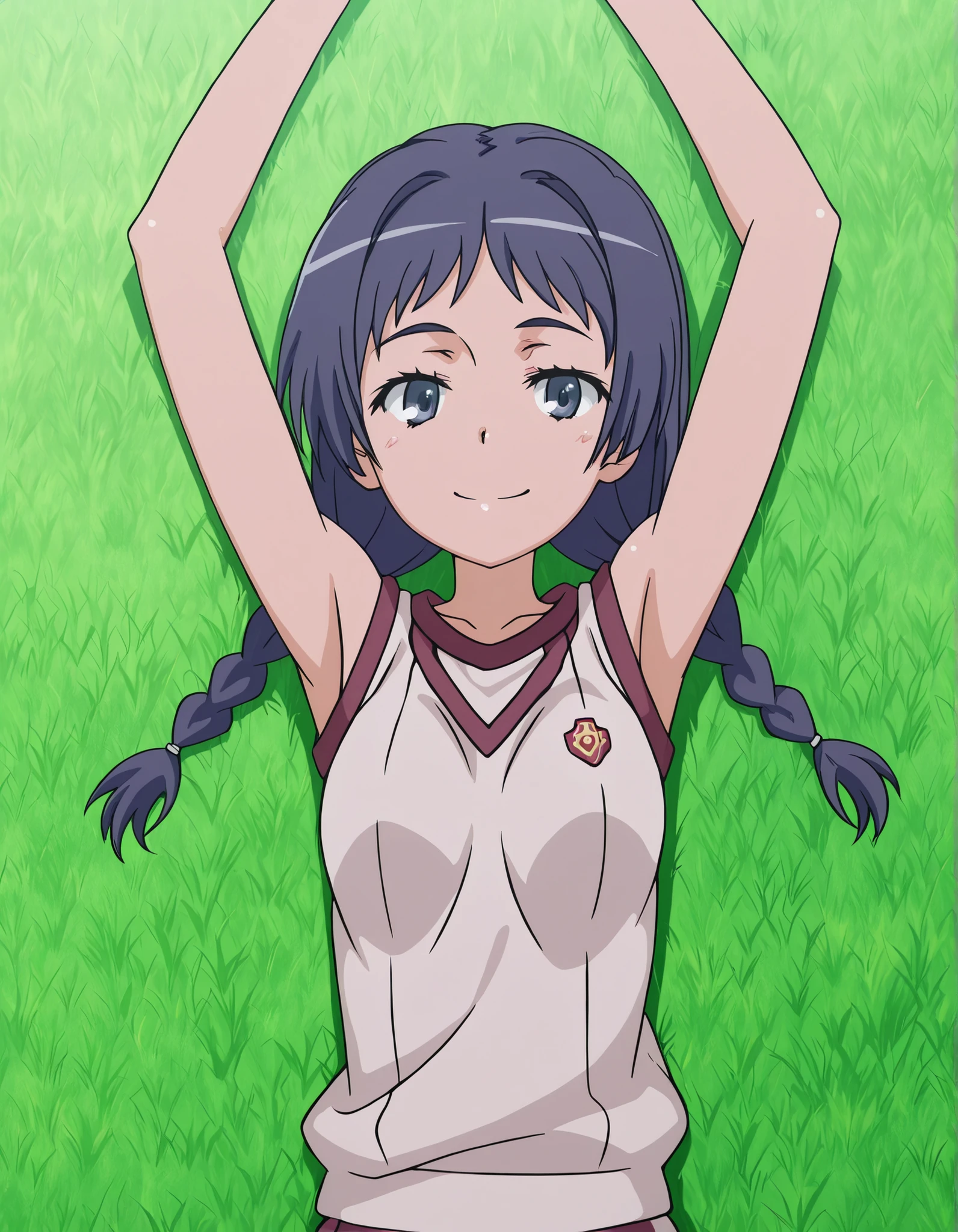 maaya awatsuki \(railgun\), Toaru Kagaku no Railgun & Index anime style, dark blue hair, long hair, braid, twin braids, blue eyes, tokiwadai gym uniform, gym uniform, bare shoulders, sleeveless shirt, white shirt, small breasts,  anime screencap, high quality, solo, lying, on back, arms up, legs apart, closed mouth, grass, cowboy shot, looking at viewer, overhead view, smile, best quality,