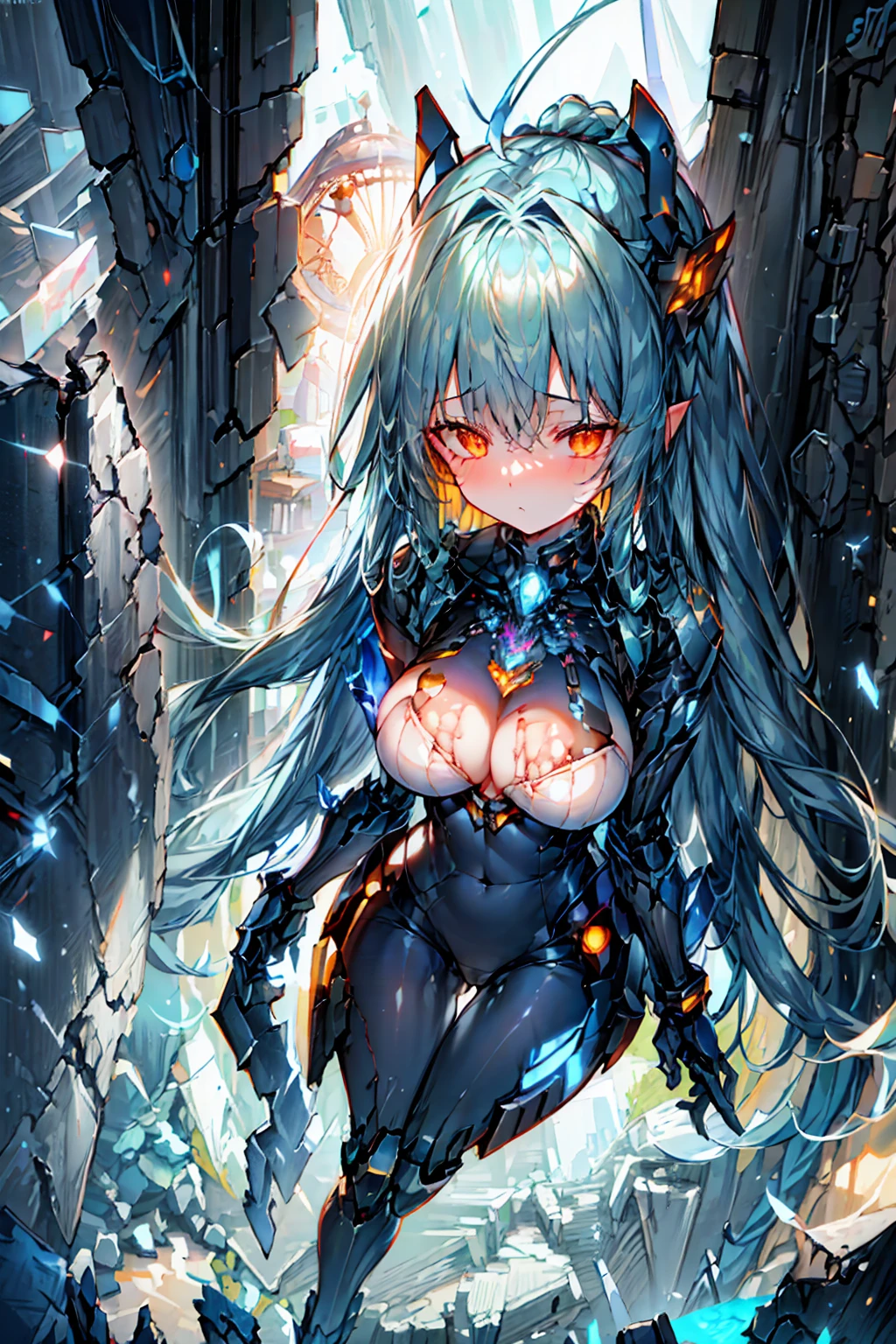 (best quality,highres,masterpiece:1.2),anime,portraits,studio lighting,ultra-detailed,professional,realistic,blue and long hair,pale skin,tall and beautiful,exoskeleton POWERsuit,dark blue,outer space,starship hangar, long legs,big ?????,  oil on canevas, brushstrokes, Smooth, Ultra high definition, 8K, unreal enginee 5, Ultra Sharp Focus,, ArtGerm, Roisch, nffsw, intricate artwork masterpieces, sinister, matte painting movie poster, Golden ratio, Trending on CGSociety, Convoluted, epicd, Trending on ArtStation, Highly detailed, Vibrant, production cinematic character render, Ultra high quality model