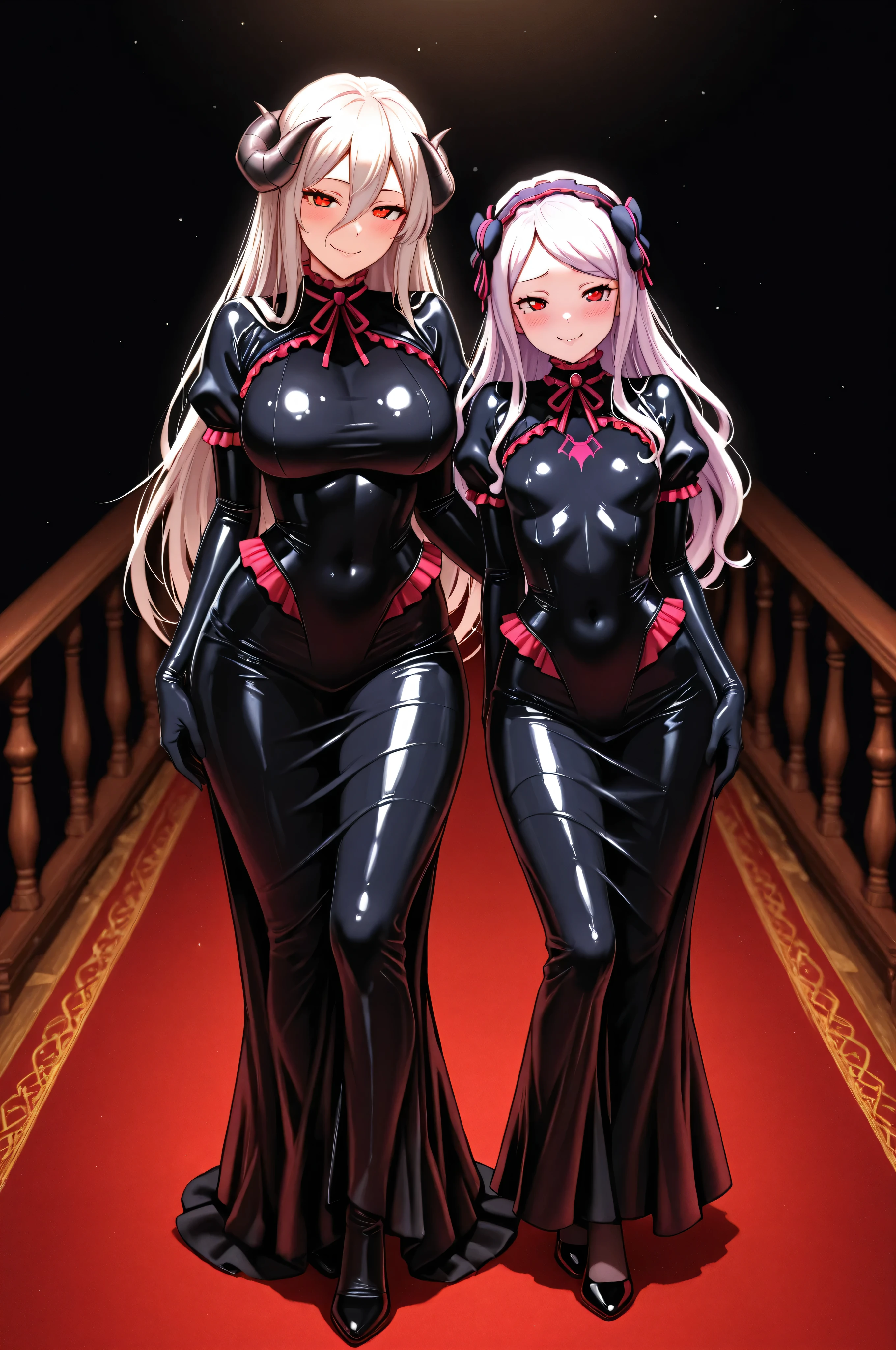 Two girls. A petite vampire babe Shalltear Bloodfallen and a sensual and curvy sucube Albedo from Overlord. Looking straight ahead with flirty expressions and mischievous poses. Two girls sensuales y hermosas. perfect anatomy. Shalltear is a petite babe of short stature. Albedo is a sensual girl with a curvy body, y is tall. Both wear latex jumpsuits, Dva cosplay jumpsuits from Overwatch. standing, on red carpet with dark background, flirting with each other. perfect anatomy, masterpiece. Photo RAW. absurdress .