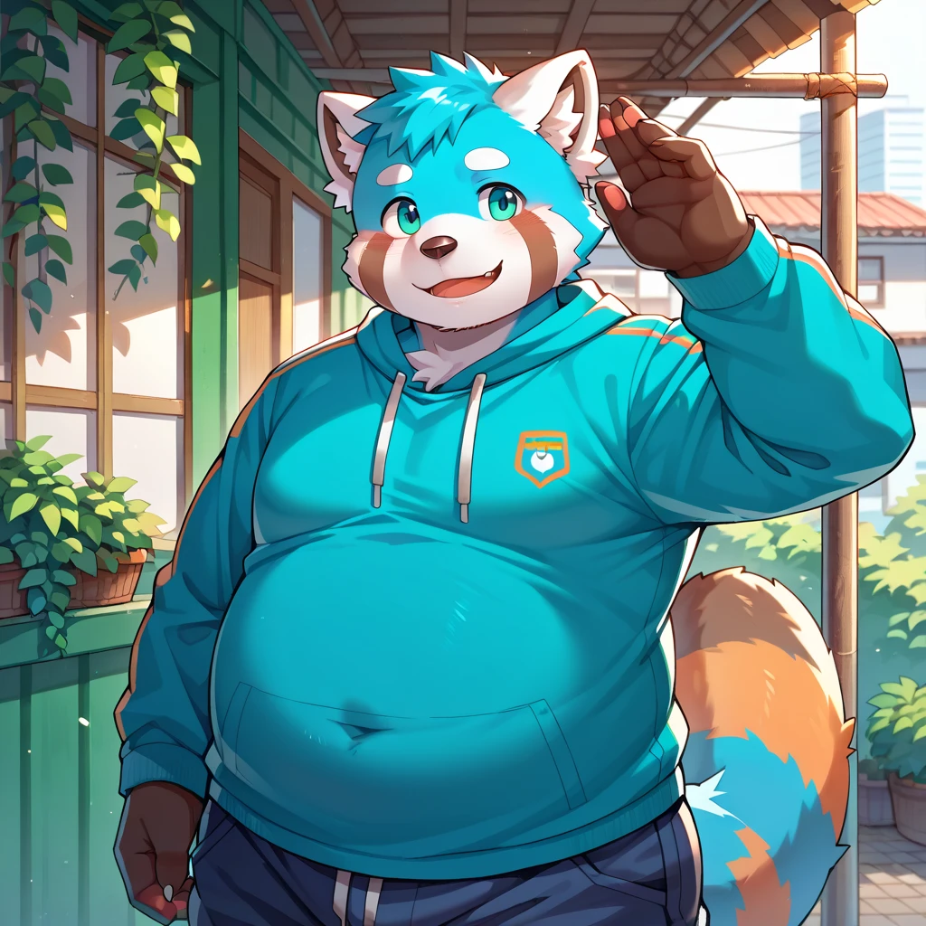 A male orange chubby anthropomorphic lizard with cyan stripes wearing, a blue jacket, glasses, black jeans, a white tanktop, and a blue beanie, waveing, solo