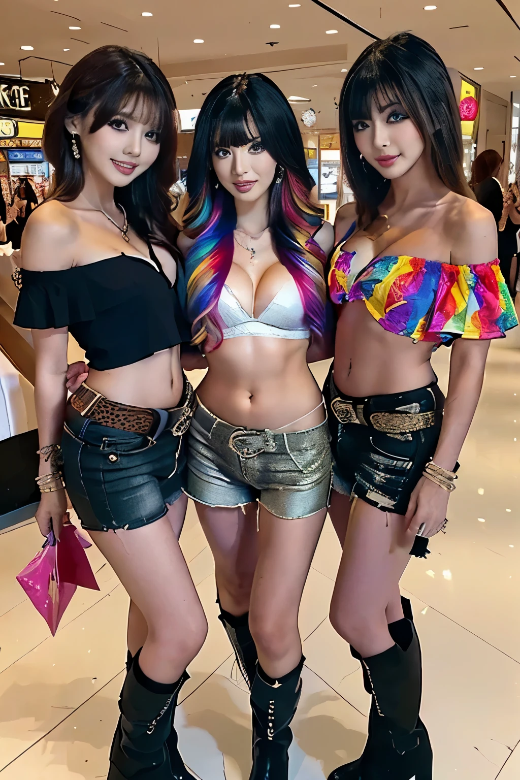(scene; (3 people:1.8)), gal, (girl 3 people), (16years old), (medium breasts), (Shopping mall, Shopping Street, street, Outdoor),( Are standing, With legs spread, Doing sexy poses), (Thin thighs, slender limbs, Small waist), ((Highly detailed skin), Beautiful realistic face, White skin, Pointed Chest, Perfect Anatomy, Realistic eyes, Natural eyes, Brown Eyes, Accurate eye focus, Accurate limbs), (hyper realist, Ultra-realistic, 4K, Attention to detail, Ultra-high resolution, highest quality, masterpiece, Presence, dynamic, Uplifting, bold, Sharpness), (Huge breasts), (gal makeup, false eyelashes, gradient eyeshadow:1.1), (Cleavage), (colorful hair:1.5), (Wavy long hair:1.3), (Curly Hair:1.2), (sleek bangs), (Twin tail hair), ((collarbone, tattoo, off shoulder, navel, shorts, bracelet, jewelry, boots, gal fashion), smile, Emphasis on Cleavage, (Are standing cute girls 3 people:1.2), NIKON, Canon, looking at the viewer, (cowboy shot:1.3)