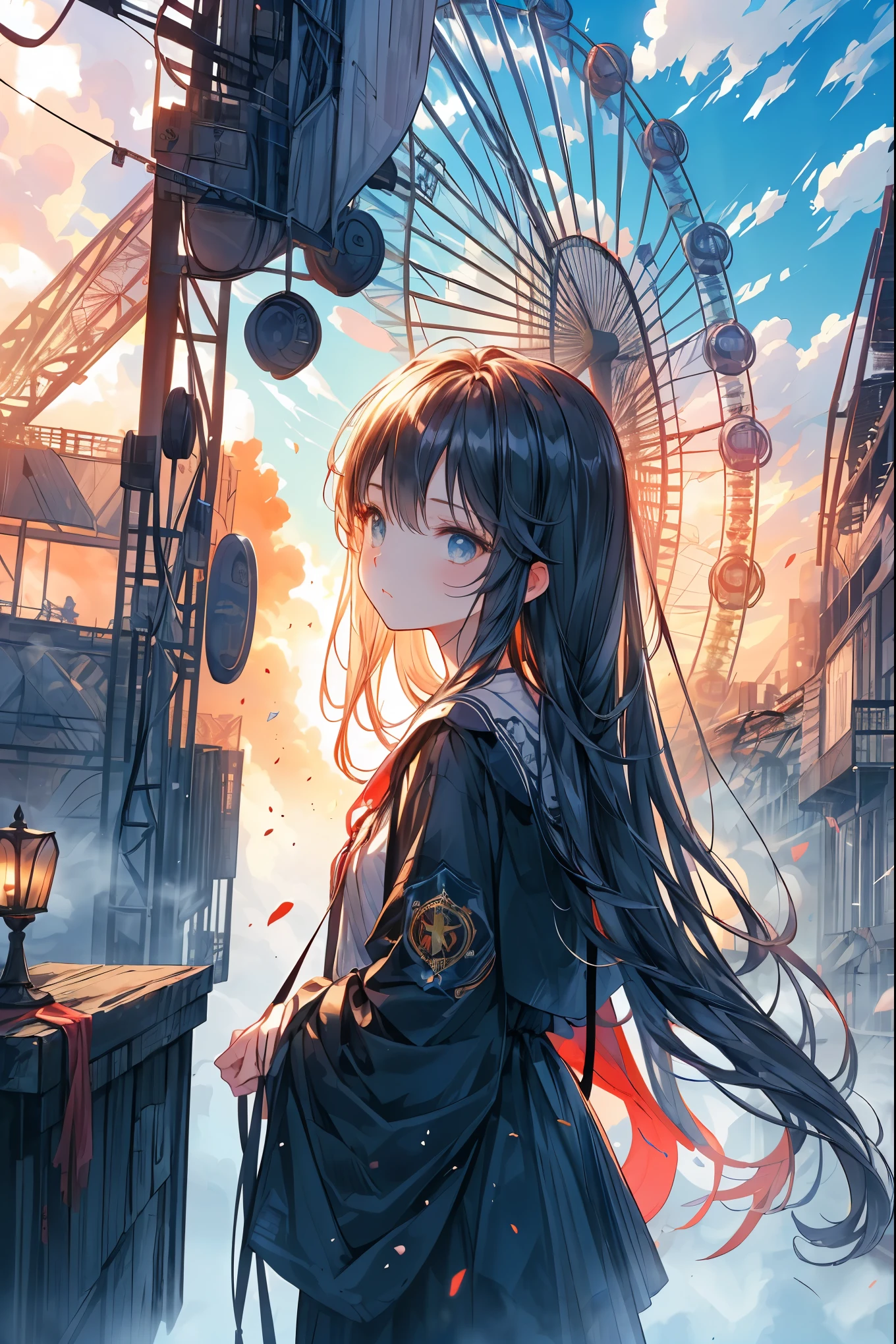 Cinematic、realistic depiction、((Highest Quality)), (Highly Detailed), (High Definition CG Composite 8K Wallpaper), 高いly detailed, 高い-definition raw colbor photos, professional photo shoot, ((from above:1.2)),Depth of Written Boundaries,bright colors,beautiful eyes,A delicate smile,Textured Skin,masterpiece,Kilo,best quality,gentle and beautiful woman, The woman's right arm is watching the machine、((After Human Extinction))、(((Ruined Amusement Park 1.2)))、Apocalyptic Scenery、(((((collapsed ferris wheel 1.4)))))、meteor、空から降り注ぐmeteor、無数のmeteor群、the sky is desolate, fiery blue with orange、 Beautiful Woman with a Sad Expression Android、The damaged、or blue glowing eyes、on behalf of extinct humans、spin in deep melancholy and quiet surveillance。Cinematic Lighting、volumetric fog(An apocalyptic scene of fog)、high resolution、textured like a film photo、shallow depth of field、8K