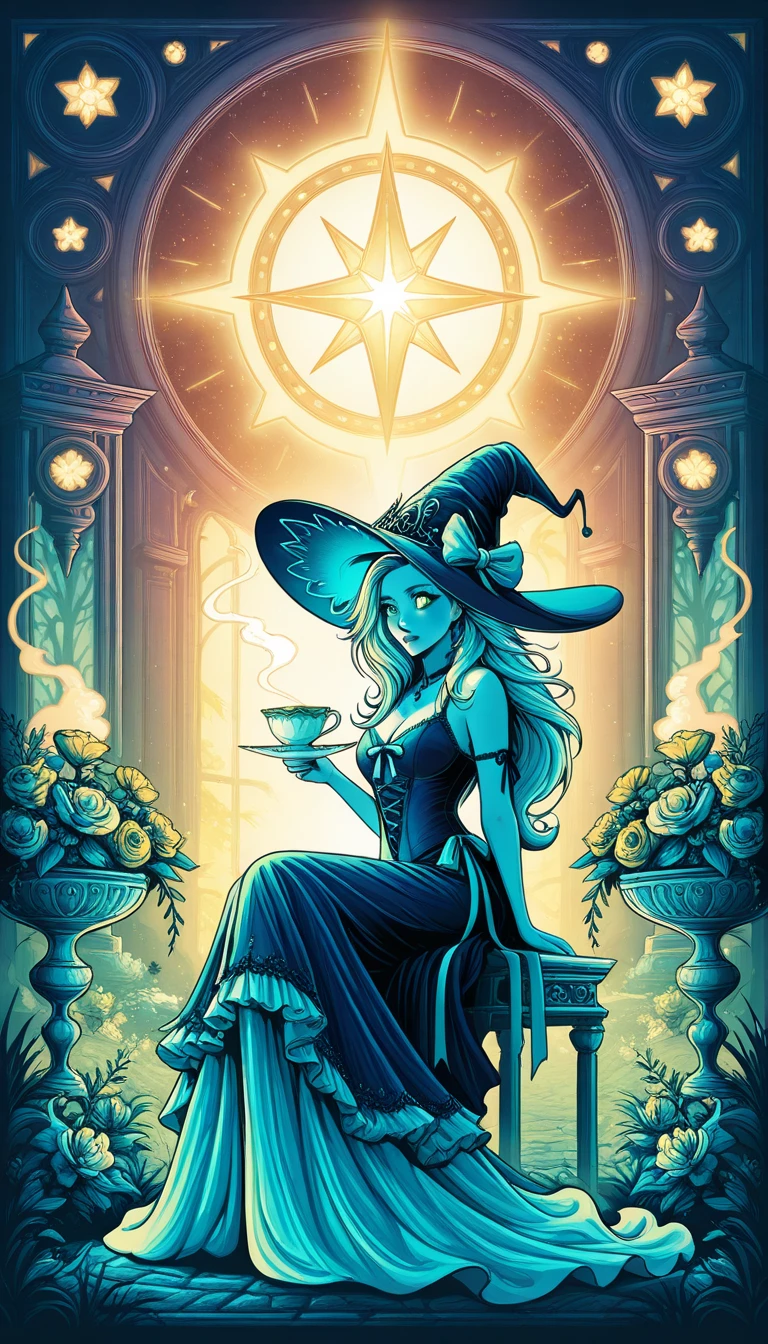 ((masterpiece:1.2, best quality)), 1girl, solo, (witch hat), blonde hair, long hair, dress, aurora, night, star (sky), gloves, sky, white dress, night sky, open mouth, starry sky, blue eyes, ribbon, very long hair, red dress, smile, hair ribbon, cape, blue hair, (bird), magic, casting spell, dark clouds, night, (impressionism:1.4), (tarot:1.3), alphonse mucha,