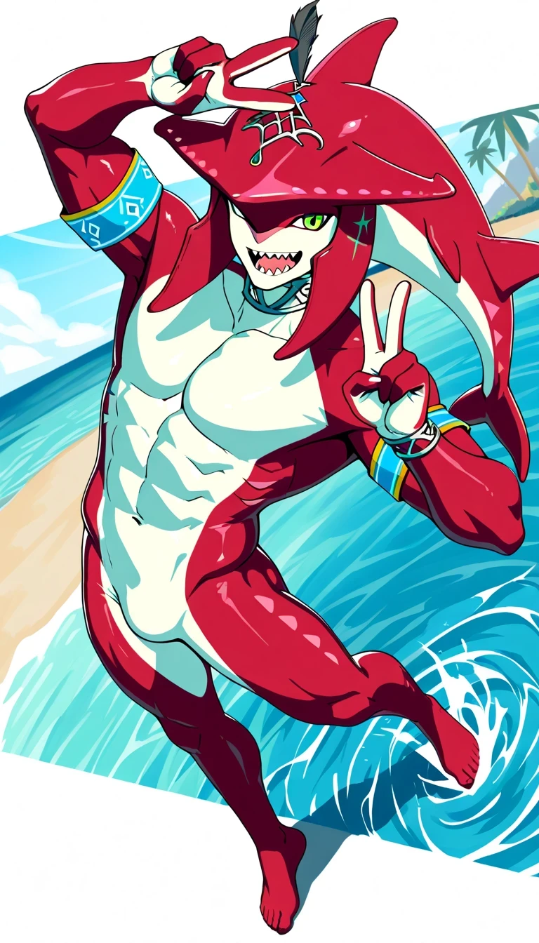 the highest quality, 8K, prince sidon (Legend of Zelda), anthropomorphic shark, red scaly body, sharp teeth, Opening Mouth, refreshing smile , Dynamic Angle, naked, swim armband, pose dinámica, looking at the viewer, shirtless, show off pectorals, peace sign, feeless crotch, full body
