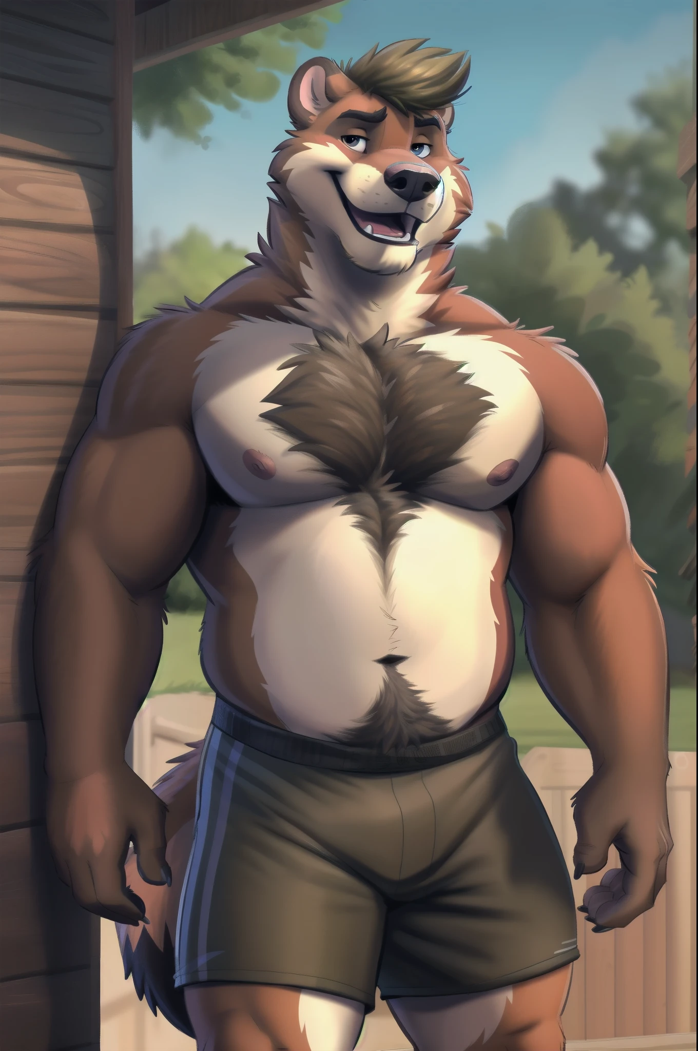 highest res,weasel,anthro,4 fingers,(best toughest manliest most masculine nude skinny mature 35 year old bara anthro male:1.4),tail, standing outside in best most realistic detailed accurate backyard of best most realistic detailed accurate suburban british house in best most realistic detailed accurate suburban british neighborhood,solo,(best most realistic detailed accurate background:1.4),by dramamine,by nanoff,by minedoo,by dream_and_nightmare,by horrorbuns,best short most detailed multi tone weasel fur,best most realistic most detailed most accurate weasel fur pattern fur colors and fur markings,bottomwear, best toughest manliest most masculine calmest relaxed happy casual face,best dynamic toughest manliest most masculine calmest relaxed casual pose,best slightly tall skinny average sexiest slightly hairy dad bod,daddy,dilf,facing smiling and looking directly at viewer,best most detailed half open mouth,showing best most detailed weasel teeth,best most detailed small nipples nipple tips and areolas,best most detailed small pecs,best most detailed small flat belly,best most realistic body proportions,wearing best most detailed toughest manliest most masculine most accurate plainest black track shorts,best most detailed shortest weasel hair,best most detailed shortest toughest manliest most masculine most accurate cool british hairstyle,outdoors,best most detailed open eyes and smallest dark pupils,hdr,8k,british,cockney,scruffy,best most detailed short body hair and happy trail,best most realistic anatomy,best ergonomics,e621,hdr,8k,best most detailed deepest navel,noon,closeup,textless,