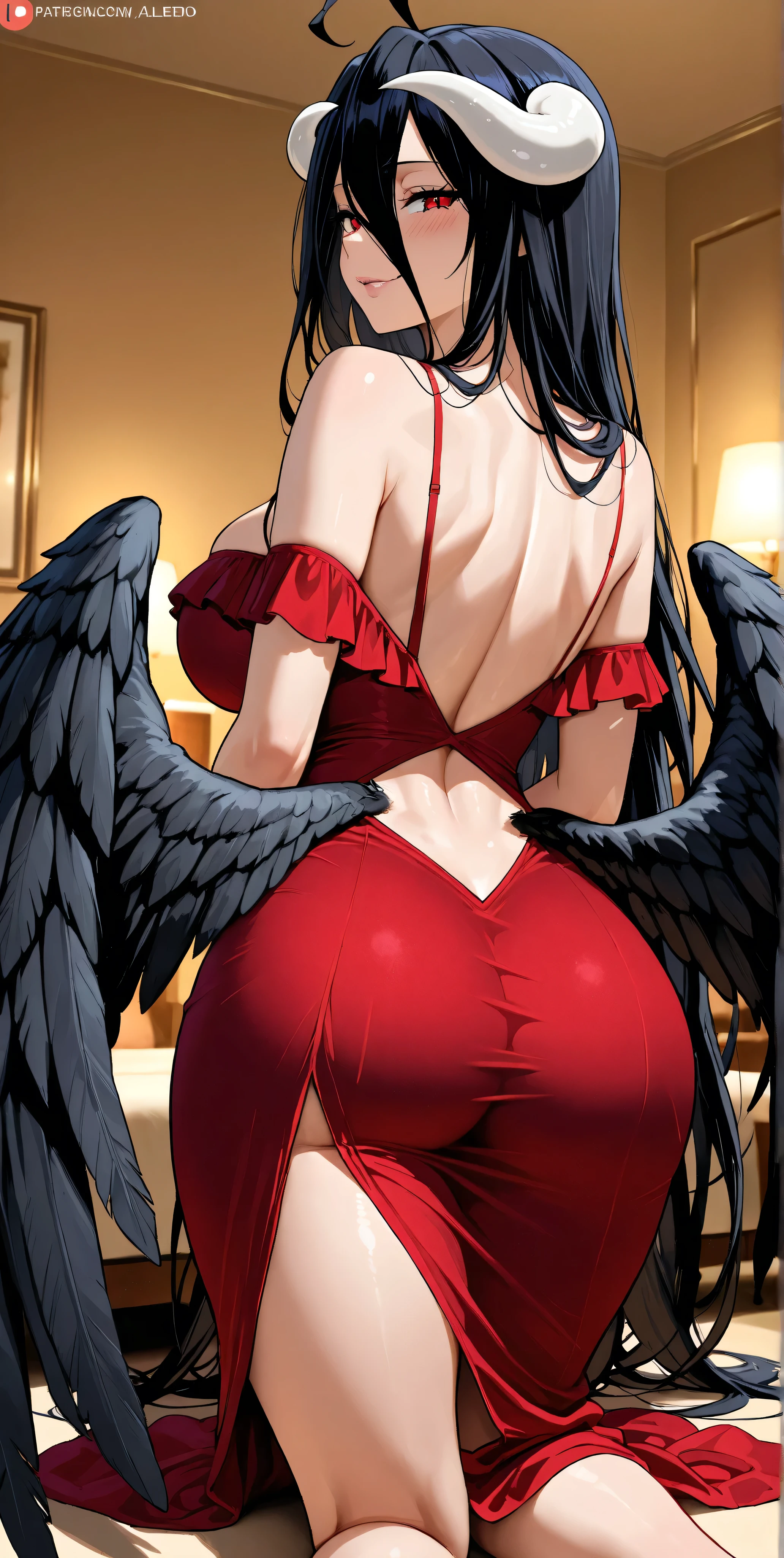 al1, demon horns, luvas brancas, micro white tying ??????, fio dental branco, ombros nus, colarinho destacado, Alunos de fenda, Asas Negras, asas emplumadas, asas baixas, pernas abertas, Olhando para o Viewer, squatting, ???????????, bunda gostosa, POV de baixo