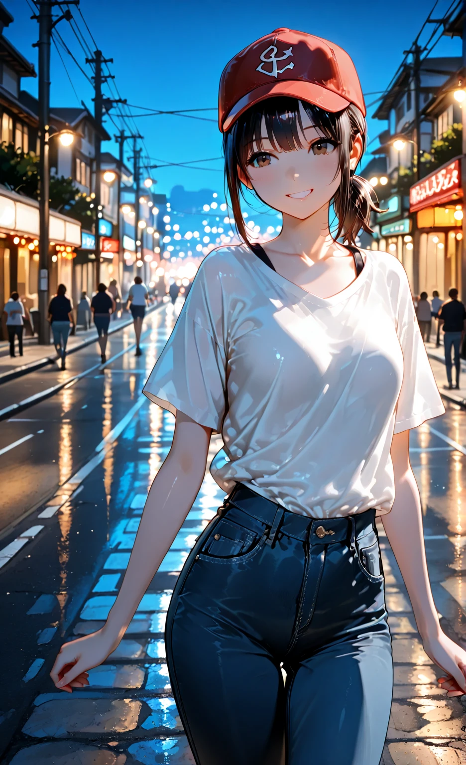 Close up, young woman lifting up arms and being cheerful, brown eyes, swept bangs, ((very long brown hair, beautiful face, cinematic light, best quality, masterpiece)), small , thin, ribbed white tank top, jean shorts, satchel, she is walking across a street with puddles, people nearby, library building, wide steps, people in background, wet skin, wet clothes, hair blowing in wind, in tropical climate after intense storm, power outage, dense overcast parting to reveal a red-orange sunset, wall of rain and visible on horizon, slate atmosphere, tropical plants, palm tree, Cinematic, faded colors, dark shot, muted colors , grainy film, lute, insane details, intricate details, hyper-detailed, 
 