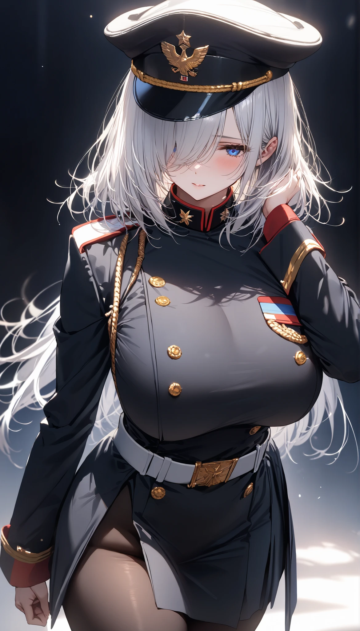(masterpiece), (Highest quality:1.2), (1girl), alone, (medium hair),(white hair), (straight hair),(hair over face), (hair over one eye), (hair over right eye), (black military uniform), clear blue eyes, detailed eyes, high detail,huge breast, natural light, pale skin, black pantyhose, empty background, standing, military hat, glorious, eye-bandaged