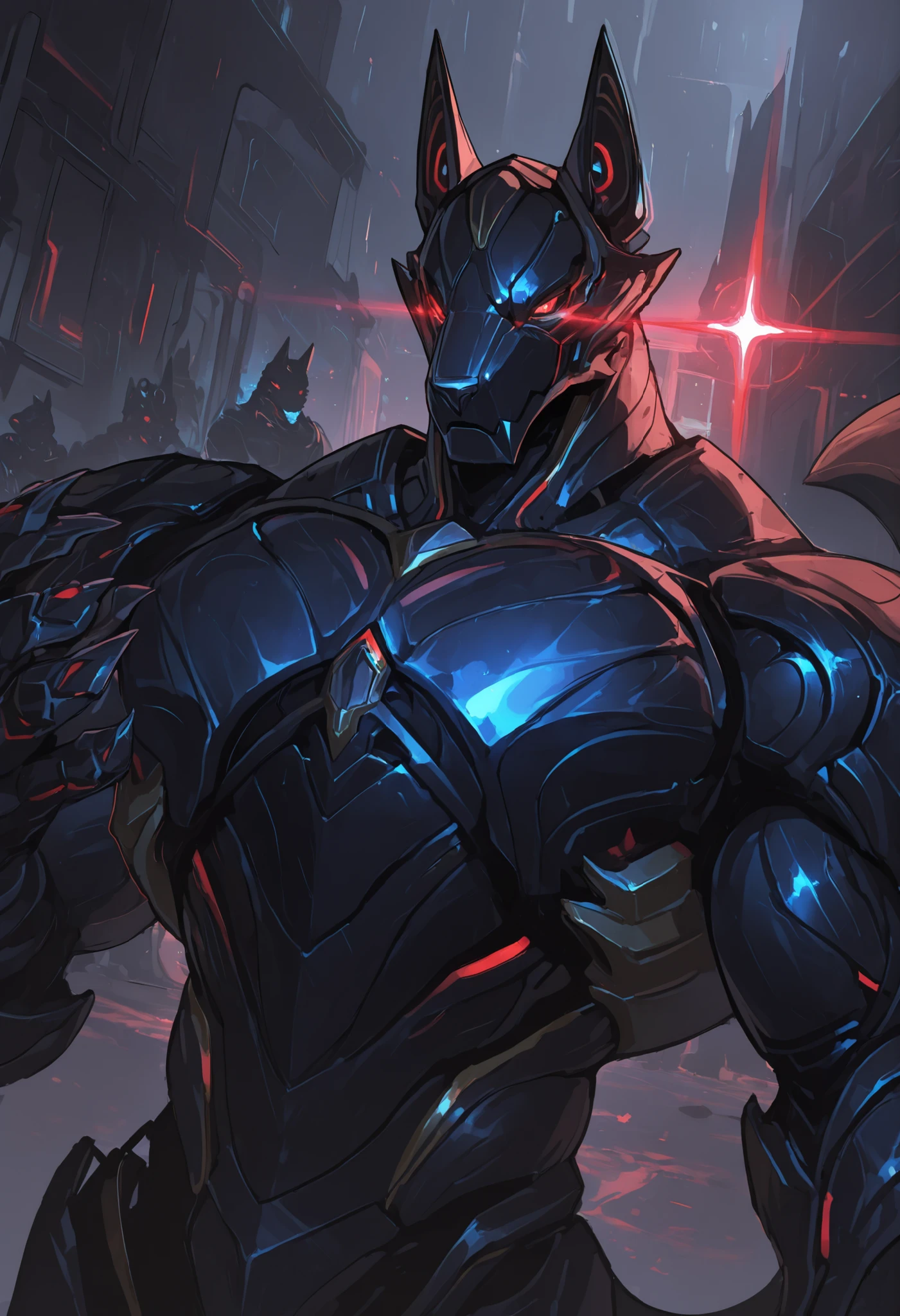 score_9, score_8_up, score_7_up, score_6_up, score_5_up, score_4_up, gigerworld, anthro jackal, heavy armor under the jacket, bulky, wide chest, monstrous
cybrog, anthro, jackal, male, Muscle, Delicate face, Delicate eyes, 1 big tail, (glowing LED), rubber goo body, evil looking, crimson glowing eyes, black steel scales, black and evil armor, futuristic evil armor, heavy armor, snout-cover armored mask, faceless head, balanced physique, muscle-shaped armor, war machine, muscular physique, thick arms and legs, claws, warframe, cyborg,

powerful pose, levitating, advanced and stylish design, dutch angle, portrait, upper body focus, detailed background, newest, extremely detailed CG unity 8k wallpaper, realistic, masterpiece, highest quality, masterpiece, highest quality, lens flare, unreal engine, trending on ArtStation, Intricate, High Detail, dramatic, beautiful and detailed lighting, shadows