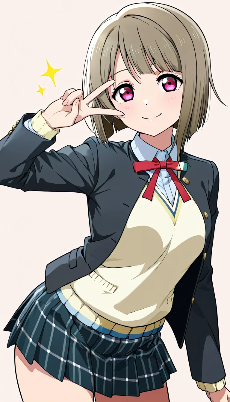 anime style, masterpiece, best quality, ultra detailed, highres, 8k, smile, 1 girl,
Kasumi Nakasu , skirt, long sleeves, school uniform, jacket, red ribbon, black jacket, blazer, nijigasaki academy school uniform,, v over the eye,