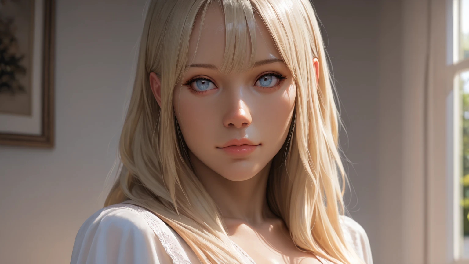 beautiful blonde woman, flowing golden hair, captivating blue eyes, delicate features, radiant smile, natural makeup, elegant attire, gentle expression, subtle blush, warm skin tones, ethereal lighting, soft shadows, high-resolution digital painting, realistic style, artistic interpretation, by a skilled portrait artist, ArtStation showcase.