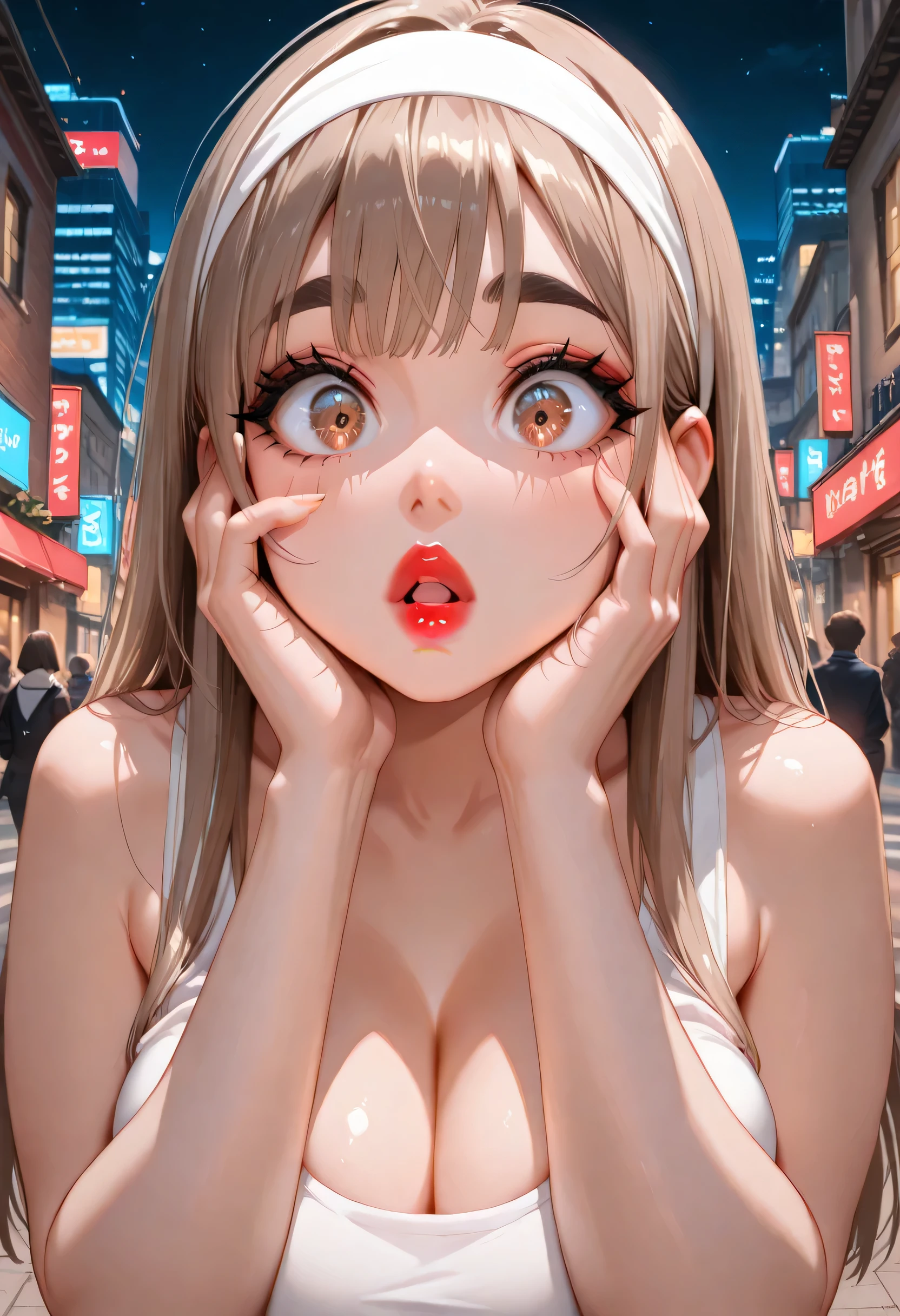 night sky, city street, perfect face, straight hair, lightest brown hair, white headband, black eyebrows, thick eyebrows, black eyeliners, big eyes, light brown eyes, bright red lips, thick lips, (surprised), (open lips), (hands on own face), beautiful woman, white tank top, (big breasts)
