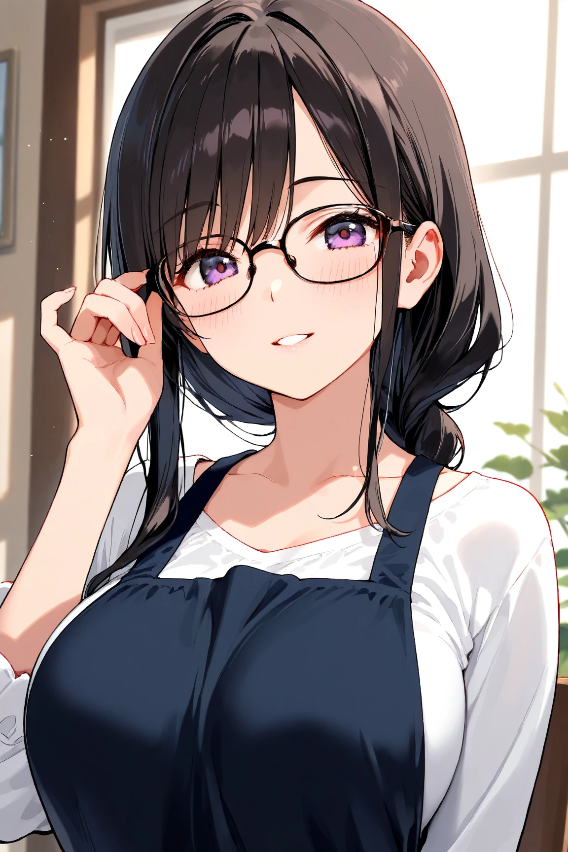 Adult female, highly detailed, glasses, short black hair wolf cut style tied back, blue eyes, smile, living room,  black shirt, jeans, perfect eyes, high quality, best quality, sitting on couch, nervous, sweat