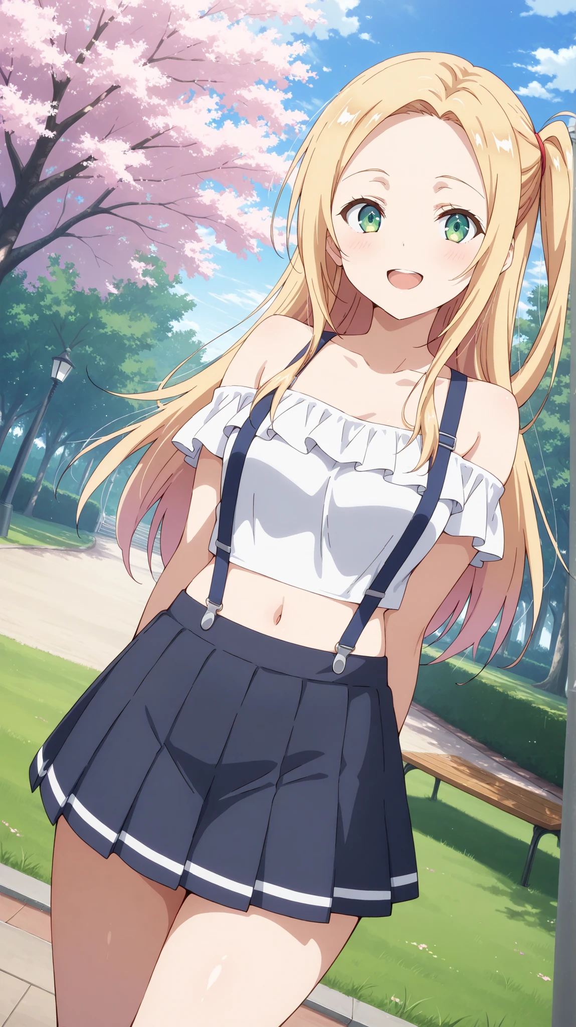 masterpiece , best quality , highly detailed , ultra high res , Score_9, Score_8_up, Score_7_up, perfect anatomy, detailed fingers, detailed eyes, cowboy shot, dutch angle, focus on face, masterpiece, detailed anime, Sharp Focus, lady, JK, detailed face, detailed green eyes, smile, semi-long hair, blonde hair silky hair, forehead, sliced back hair, side ponytail, arms behind your back, open smile, joy in your eyes, navel, Captivating thighs, knee, sandy road, grass , (off-shoulder, suspenders on pleated skirt, pleated skirt,), park, cherry trees