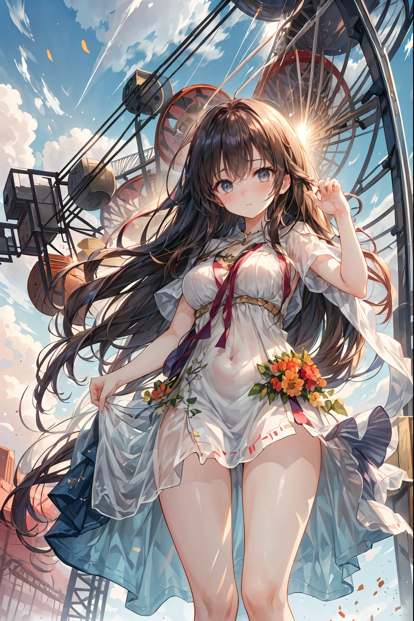 Cinematic、realistic depiction、((Highest Quality)), (Highly Detailed), (High Definition CG Composite 8K Wallpaper), 高いly detailed, meteor、空から降り注ぐmeteor、無数のmeteor群、 高い-definition raw colbor photos, professional photo shoot, Witches、 ((from above:1.2)) 、(((((collapsed ferris wheel 1.4)))))、Depth of Written Boundaries,bright colors,beautiful eyes,A delicate smile,Textured Skin,masterpiece,Kilo,best quality,gentle and beautiful woman, The woman's right arm is watching the machine、((After Human Extinction))、(((Ruined Amusement Park 1.2)))、Apocalyptic Scenery、meteor、空から降り注ぐmeteor、無数のmeteor群、the sky is desolate, fiery blue with orange、 Beautiful Woman with a Sad Expression Android、The damaged、or blue glowing eyes、on behalf of extinct humans、spin in deep melancholy and quiet surveillance。Cinematic Lighting、volumetric fog(An apocalyptic scene of fog)、high resolution、textured like a film photo、shallow depth of field、8K