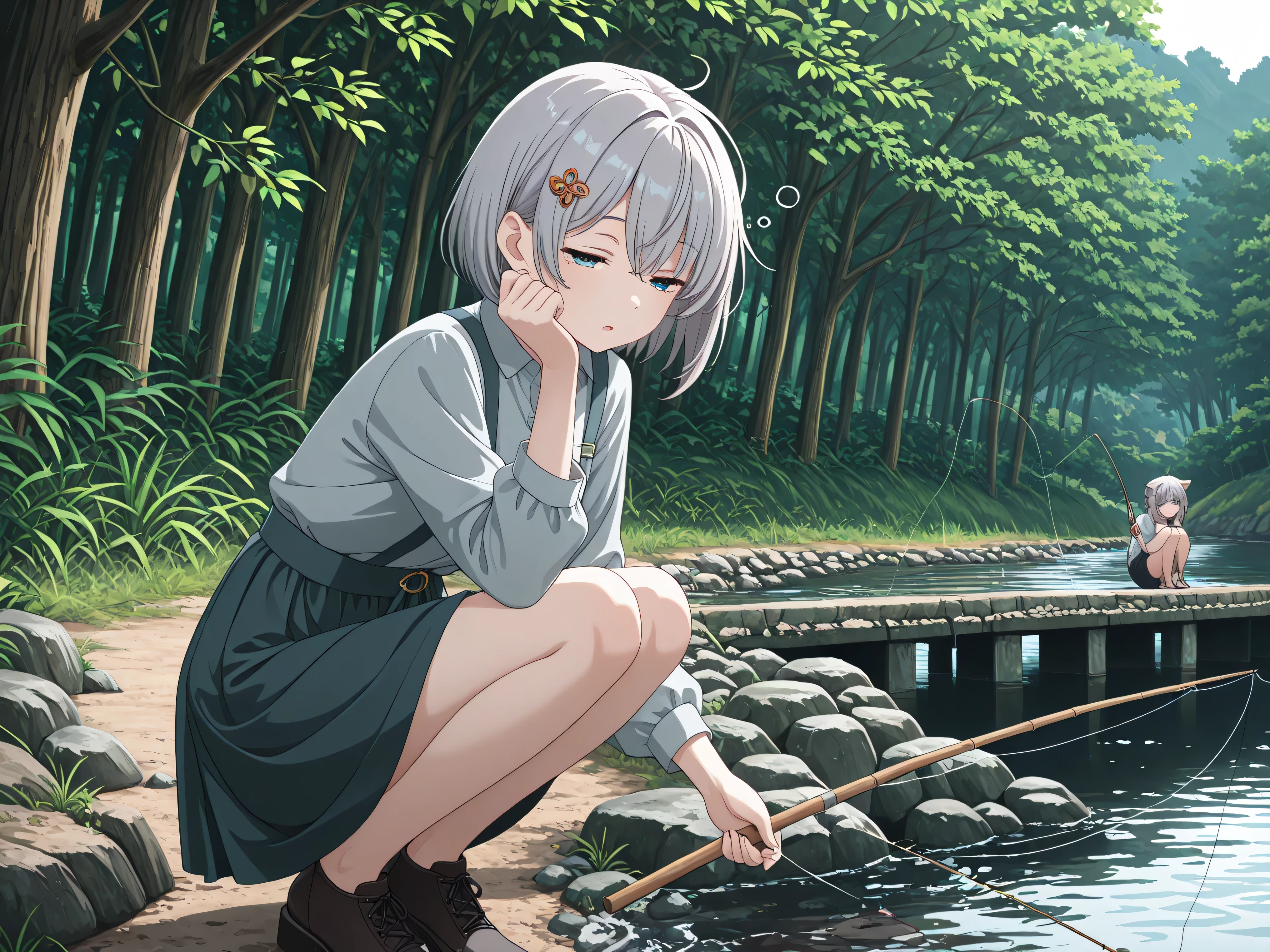 1 woman,gray hair,shorthair,with hair ornaments on both ears,sleepy expression,squatting,Riverside,fishing,High Quality,4K,Details Precise,HDR,professional