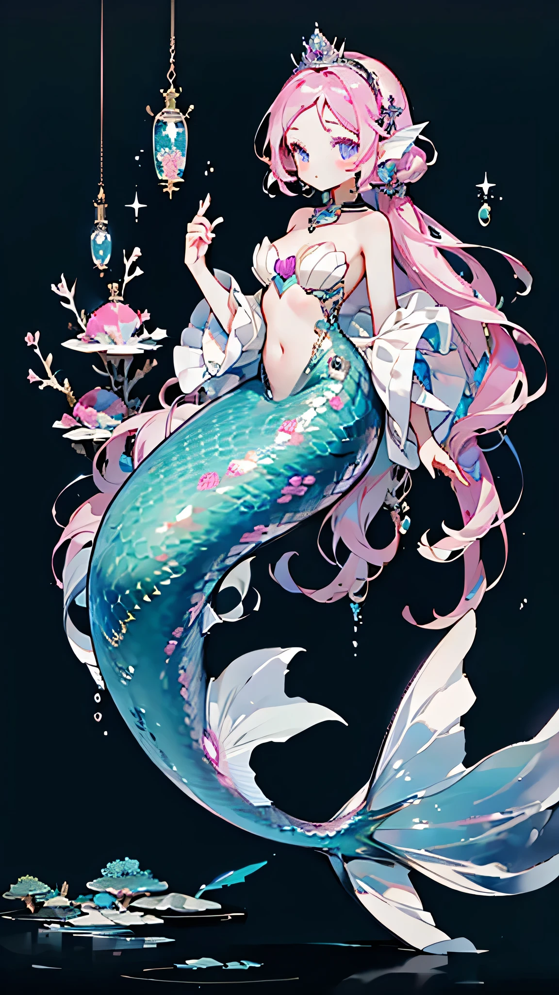 Mermaid,Mermaid,Mermaid女孩,Mermaid尾巴,Bodysuit style,Scale style,Underwater background,Underwater background,Seabed background,Coral shells background,Background in sea water,Pink and purple的鳞片,Pink hue,fin,身上长着fin,Girl with fish tail,Pink and purple,Powder blue scales,cute,cute,cute,crown