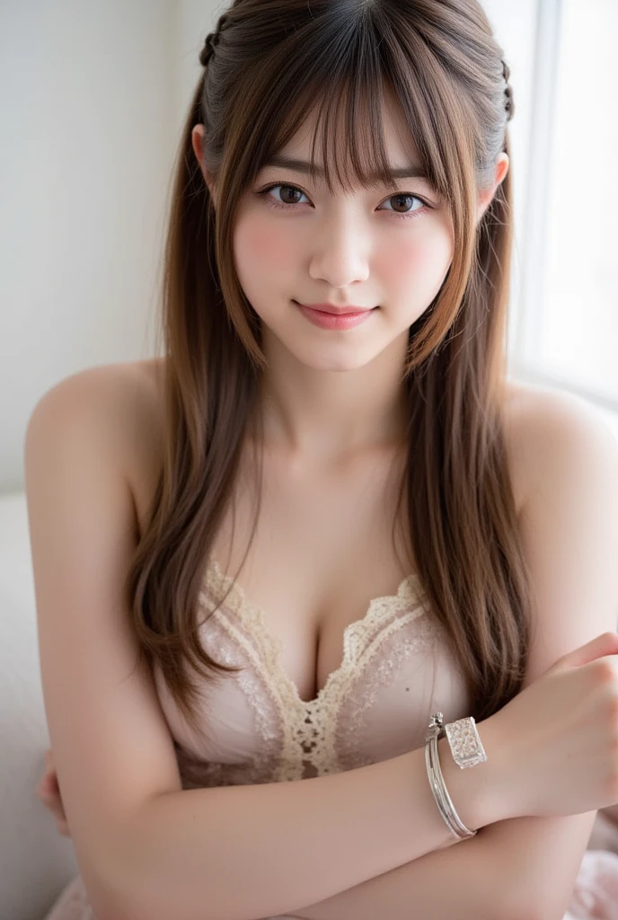 Necklaces, rings, earrings, watch, jewellery,suit,2 lady,realistic,(ultra quality:1.2),japanese,high quality,masterpiece,(ultra detailed:1.4),japanese lady,beautiful face,(real bra:1.6),(skirt:1.2),((hotel bedroom)),(small breast:1.6),slender,highres,