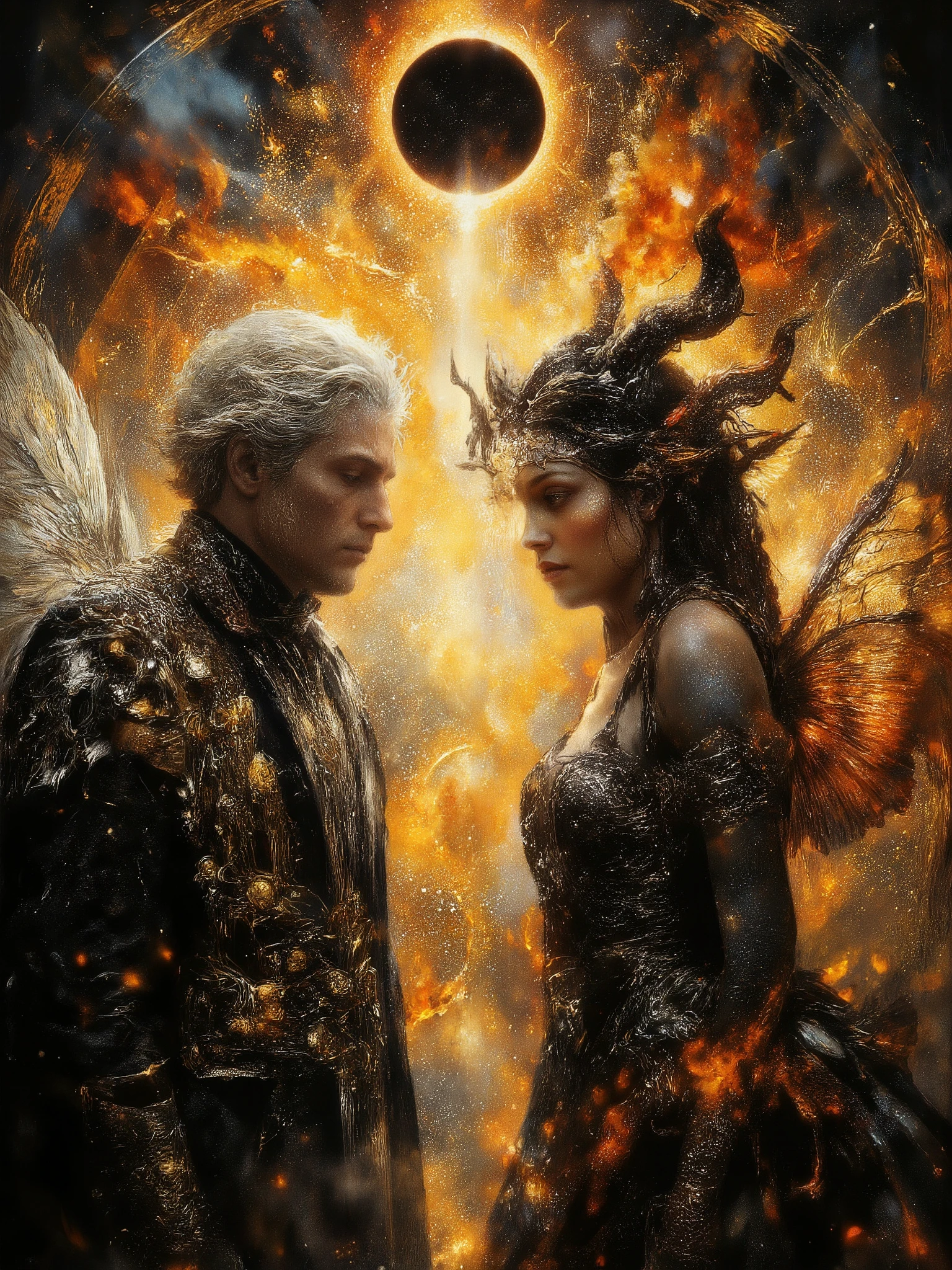 (masterpiece),(Highest quality),(Super detailed),(Ultra-high resolution) , (Best illustrations), 32k, an ancient luxurious temple,dynamic lights, shiny, glitter
Done in a balanced and vivid impressionist style symbolizing harmony of opposites ((and the search for spiritual transcendence through practicing mindfulness of self and psychological clarity, or learning philosophical reason logic and truth, as well as coming to terms with the metaphysical laws of our existence. In a word, wholeness with the true source.))
A captivating portrait shows an angel and a demon in staring at each other and enraptured. On the left appearing 40, a handsome aquiline looking man with short stylish white hair and a wry expression wears a dark, fancy high-collared coat and other expensive but tasteful accoutrements. He has silver and white feathered wings and a faint glowing halo, symbolizing his angelic nature. On the right looking no more than 28 years old, a beautiful light brown skinned woman with long, braided hair is seen wearing a roguish grin and dressed in an eclectic blend ((of street, grunge, secondhand and 1st hand designer finery and God only knows, each piece used to highlight her sensual, seductive nature)) that somehow matches in some bizarre way. She has dark horns and fiery raven wings, with flames rising behind her, figures are facing each other, their intense gazes creating a powerful contrast between light and darkness and a shocking truth, they long to touch one another and their look is full of love. Massive energies whirl around these 2 and an eclipse of the Sun heralds their union with a foreboding air. Done in a balanced and vivid impressionist style symbolizing harmony of opposites ((and the search for spiritual transcendence through practicing mindfulness of self and psychological clarity, or learning philosophical reason logic and truth, as well as coming to terms with the metaphysical laws of our existence. In a word, wholeness with the true source.))