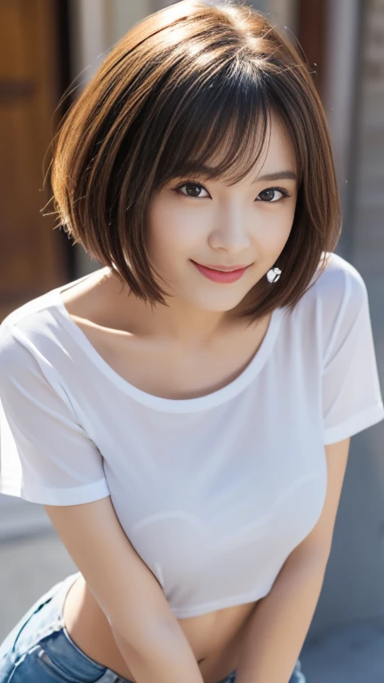 (Highest quality,8K quality,masterpiece:1.3,),(Ultra-high resolution:1.3,Photorealistic:1.4,Raw photo:1.2),(Ultra-detailed:1.2,Glowing Skin,Detailed skin:1.1),(Detailed face,Perfect ,Caustics:1.2),1 girl,cute,Japanese,22 years old,Japanese Ido,Natural brown hair,Short hair curled outwards,cute目,Natural Makeup,Oversized T-shirt,Laughter,Looking into the camera,On the face,Face Focus,Street Corner,Professional Writing,Natural soft light,