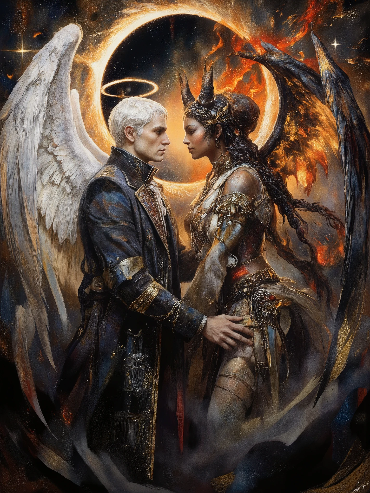 (masterpiece),(Highest quality),(Super detailed),(Ultra-high resolution) , (Best illustrations), 32k, an ancient luxurious temple,dynamic lights, shiny, glitter
Done in a balanced and vivid impressionist style symbolizing harmony of opposites ((and the search for spiritual transcendence through practicing mindfulness of self and psychological clarity, or learning philosophical reason logic and truth, as well as coming to terms with the metaphysical laws of our existence. In a word, wholeness with the true source.))
A captivating portrait shows an angel and a demon in staring at each other and enraptured. On the left appearing 40, a handsome aquiline looking man with short stylish white hair and a wry expression wears a dark, fancy high-collared coat and other expensive but tasteful accoutrements. He has silver and white feathered wings and a faint glowing halo, symbolizing his angelic nature. On the right looking no more than 28 years old, a beautiful light brown skinned woman with long, braided hair is seen wearing a roguish grin and dressed in an eclectic blend ((of street, grunge, secondhand and 1st hand designer finery and God only knows, each piece used to highlight her sensual, seductive nature)) that somehow matches in some bizarre way. She has dark horns and fiery raven wings, with flames rising behind her, figures are facing each other, their intense gazes creating a powerful contrast between light and darkness and a shocking truth, they long to touch one another and their look is full of love. Massive energies whirl around these 2 and an eclipse of the Sun heralds their union with a foreboding air. Done in a balanced and vivid impressionist style symbolizing harmony of opposites ((and the search for spiritual transcendence through practicing mindfulness of self and psychological clarity, or learning philosophical reason logic and truth, as well as coming to terms with the metaphysical laws of our existence. In a word, wholeness with the true source.))