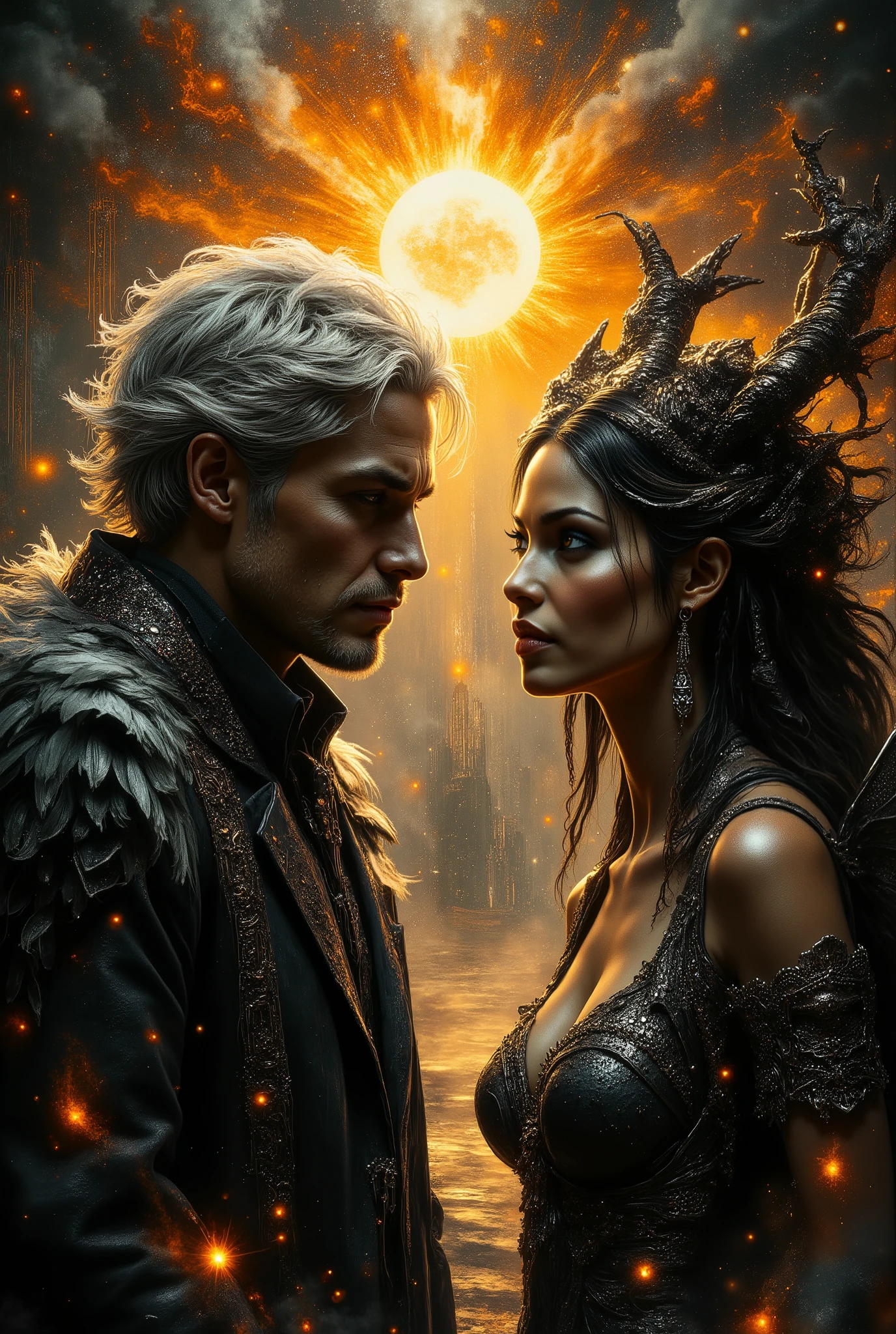 (masterpiece),(Highest quality),(Super detailed),(Ultra-high resolution) , (Best illustrations), 32k, an ancient luxurious temple,dynamic lights, shiny, glitter
Done in a balanced and vivid impressionist style symbolizing harmony of opposites ((and the search for spiritual transcendence through practicing mindfulness of self and psychological clarity, or learning philosophical reason logic and truth, as well as coming to terms with the metaphysical laws of our existence. In a word, wholeness with the true source.))
A captivating portrait shows an angel and a demon in staring at each other and enraptured. On the left appearing 40, a handsome aquiline looking man with short stylish white hair and a wry expression wears a dark, fancy high-collared coat and other expensive but tasteful accoutrements. He has silver and white feathered wings and a faint glowing halo, symbolizing his angelic nature. On the right looking no more than 28 years old, a beautiful light brown skinned woman with long, braided hair is seen wearing a roguish grin and dressed in an eclectic blend ((of street, grunge, secondhand and 1st hand designer finery and God only knows, each piece used to highlight her sensual, seductive nature)) that somehow matches in some bizarre way. She has dark horns and fiery raven wings, with flames rising behind her, figures are facing each other, their intense gazes creating a powerful contrast between light and darkness and a shocking truth, they long to touch one another and their look is full of love. Massive energies whirl around these 2 and an eclipse of the Sun heralds their union with a foreboding air. Done in a balanced and vivid impressionist style symbolizing harmony of opposites ((and the search for spiritual transcendence through practicing mindfulness of self and psychological clarity, or learning philosophical reason logic and truth, as well as coming to terms with the metaphysical laws of our existence. In a word, wholeness with the true source.))
