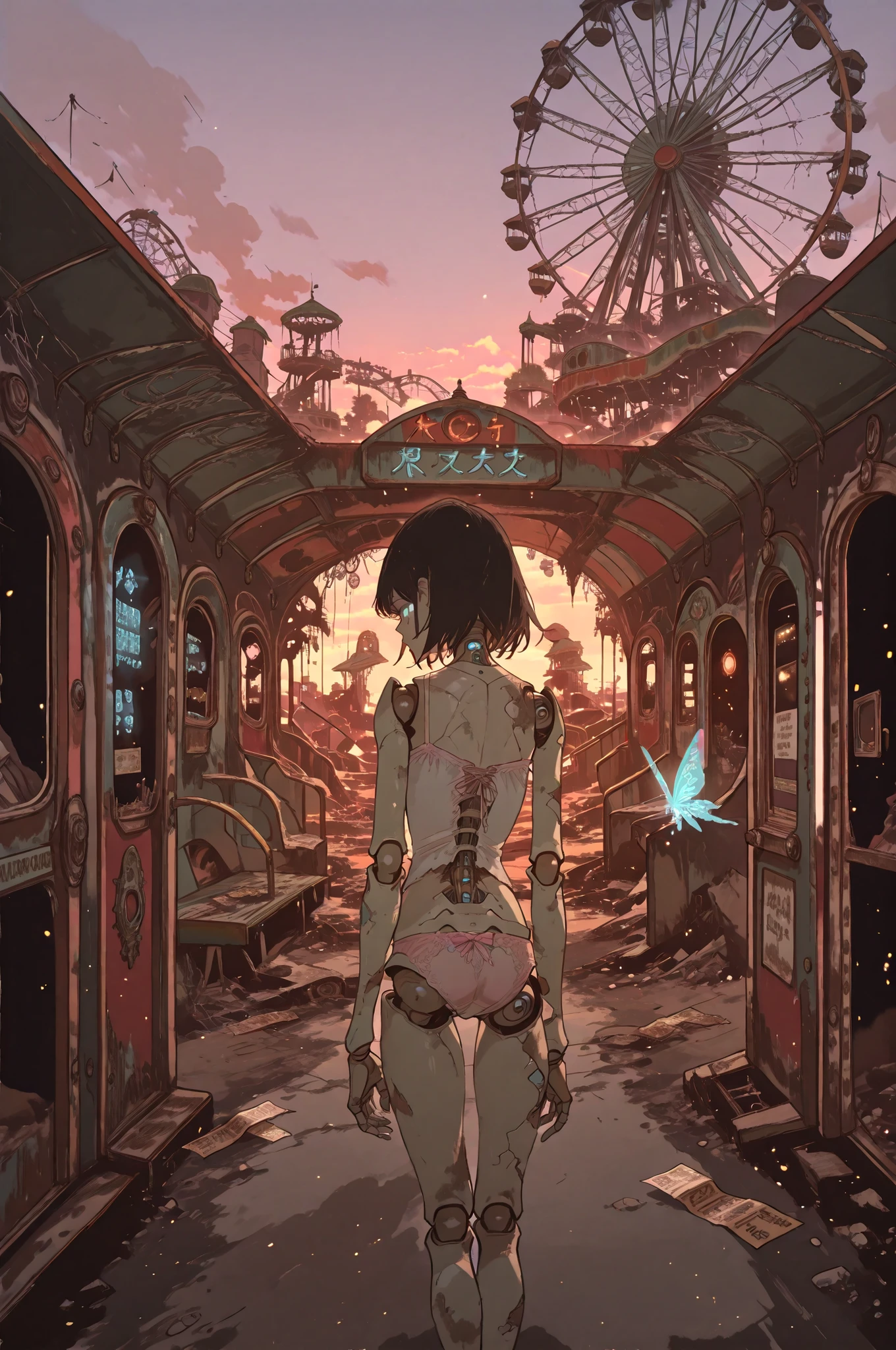 Highest Quality, masterpiece, Super Resolution,, Girl-shaped Android , Wore a White Camisole, light pink underwear, Clear Artificial Skin, Mechanical structure of joints, Blue Glowing Eyes, short black hair with waist, Delicate fingertips, , Dirty knees, Ruins where sunlight shines in, A space where butterflies flutter, quiet atmosphere、high quality, nostalgic x dark, sad yet beautiful scenery of an abandoned amusement park abandoned for many years, huge ferris wheel covered with rust and ivy standing against the sunset sky, The faded appearance and chipped decoration of broken merry-go-round horses, The fading letters and signs left on the crumbling ticket booth and entrance arch, The destructive beauty of an abandoned roller coaster's curved steel frame and collapsed rails