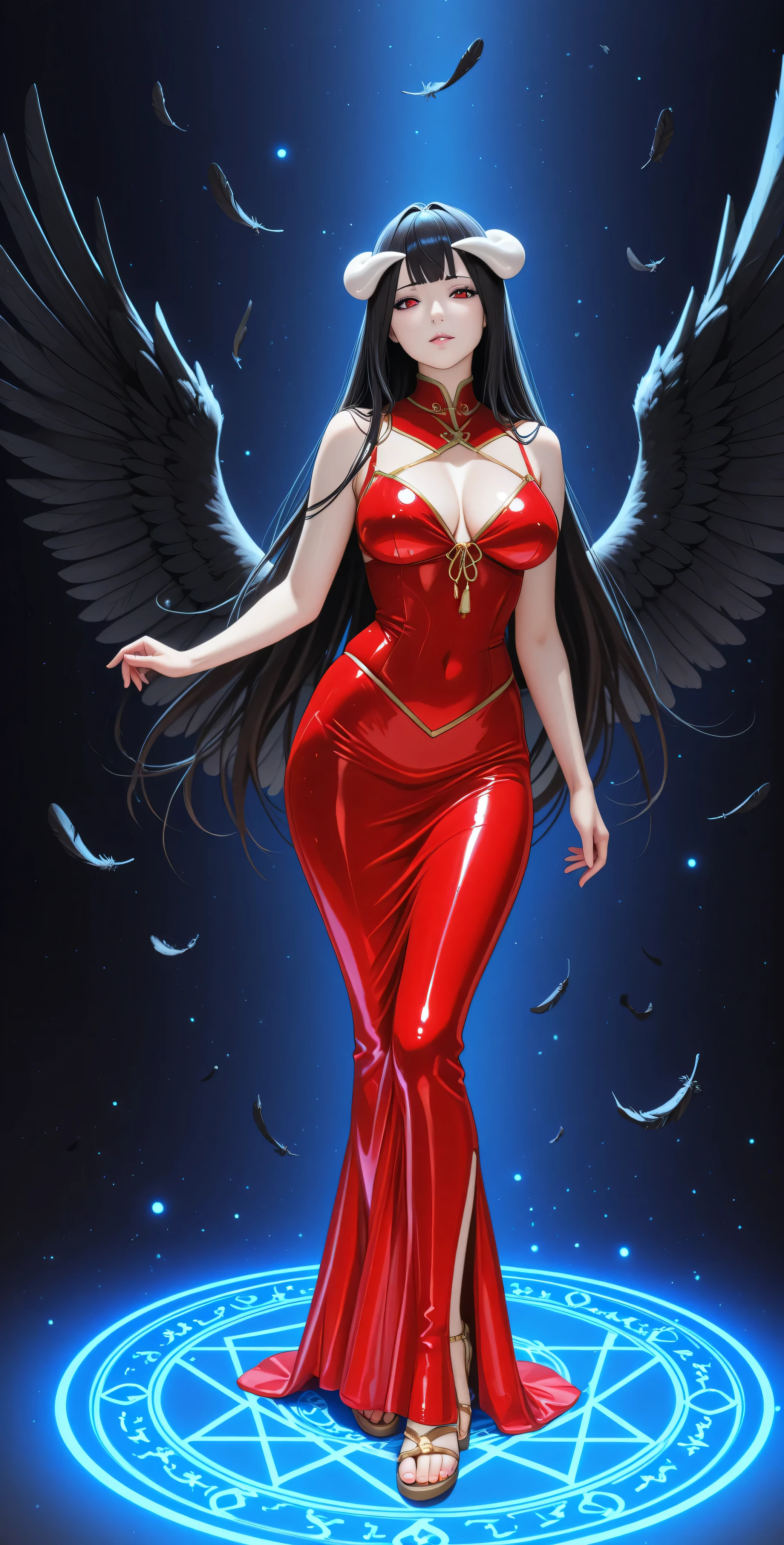 perfect . Photo RAW. masterpiece. My older sister Albedo from Overlord. she is a slutty nymphomaniac MILF succubus. She has long shiny black hair, Red Eyes, pale porcelain skin, white horns, wings with black feathers on her lower back she wears a tight qipao in bright red latex. Droplet neckline, sleeveless. with gold trim. transparent high-heeled sandals with straps with shiny details. alone with an elegant and fine pose. the image has many details on her fair skin and in her dress, you can see shiny particles on her dress giving her more glamor, is standing on a magic circle with Nordic runes around, The circle shines with an intense blue light, with dark background. her hands are visible and rest on her , highlighting her attractive figure. she has a confident and challenging expression and at the same time her posture is charismatic and , curvy body