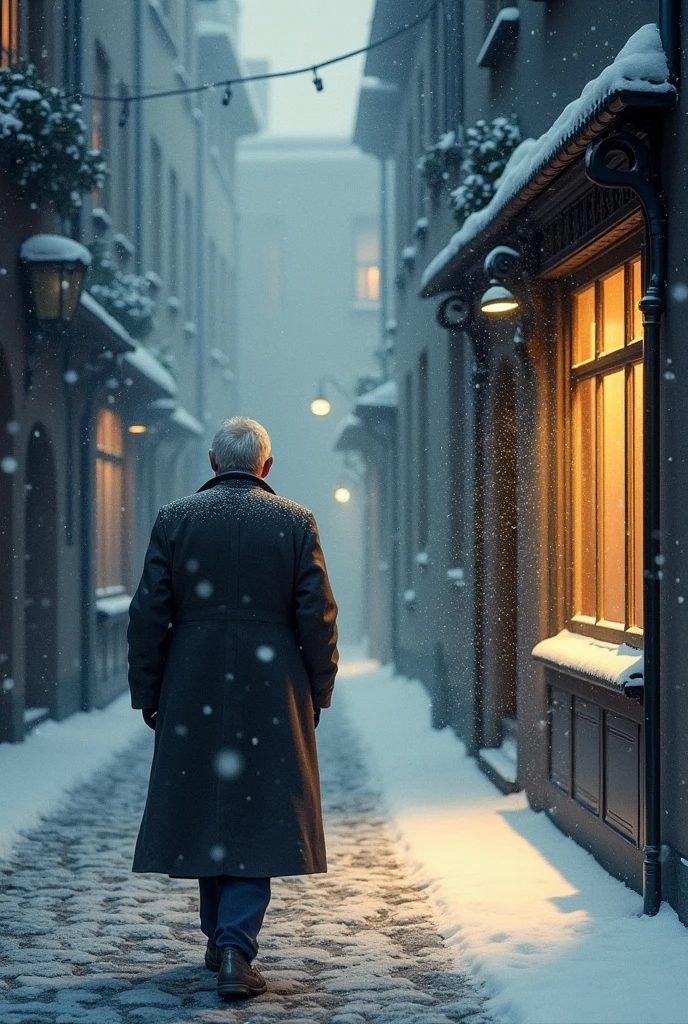 one old man, Wrapped in a long coat, Under soft snowfall，He walks slowly along the cobblestone street. As he passes windows that glow warmly from within，His breath condenses into mist in the cold air. The scene evokes nostalgia and loneliness, Blending elements of European realism with a poetic visual narrative. Rendered in digital watercolor，Outlines flow like ink, The winter light and subtle color grading emphasize the emotional depth. Ultra High Resolution, everlasting, cinematic details.
