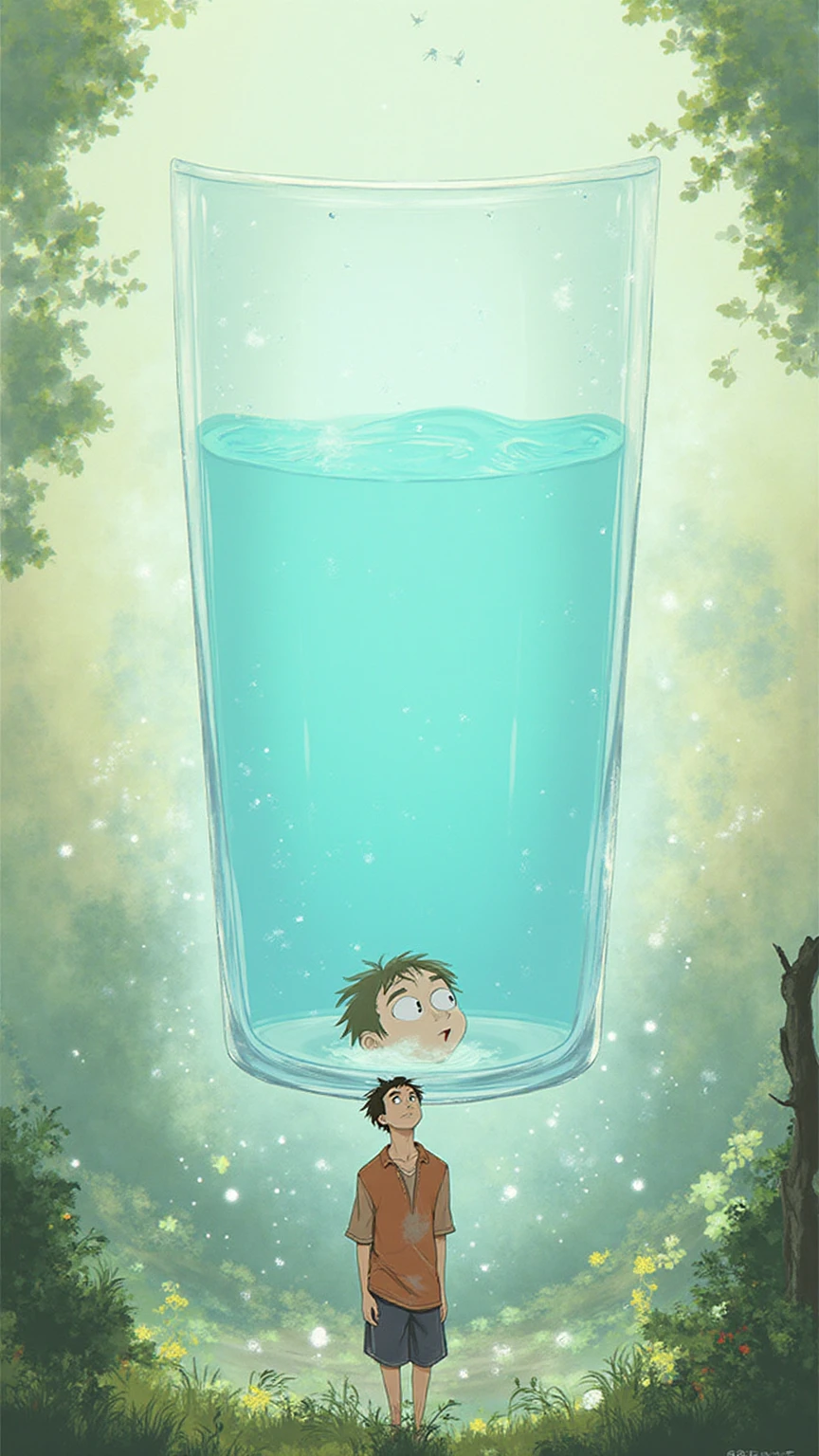 A little boy sits inside a glass with sparkling water in his hand, smiling, cool liquid, sparkling water, sunlight, shade, summer, blue, mint leaves, ice