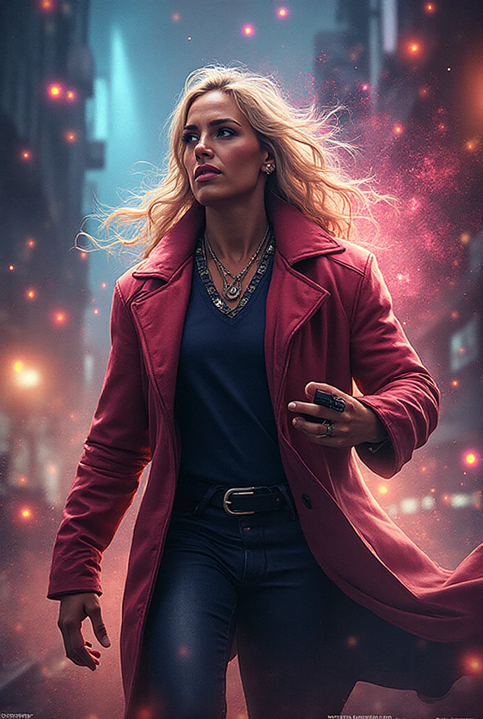 Uma jovem garota de corpo inteiro (Margot Robbie), Zenistu, e com roupas Vermelhas e brancas, Red and White Lightning, cabelos brancos, Purple eyes, Sky Lightning, Fio Eletroluminescente, magic sparks, enchanted magical fantasy. Peach Blossom Land, heaven, Jogo CG, Hand Painted Style, 8k, Ultra HD | |, arte digital conceitual, Azure azul e cinza,(Very detailed, A huge amount of purple lightning shot out from the girl'the hand and hit the city, lightning clouds, Atmospheric lightning, Pink Lightning, with thunderstorms, Tempestade escura with lightning bolts, Dramatic purple lightning, raios no heaven, contrast lightning, trovoada no heaven, lightning in the background, with lightning bolts, Reasonable design, linhas claras, Alta nitidez, melhor qualidade, master part, 4k ).