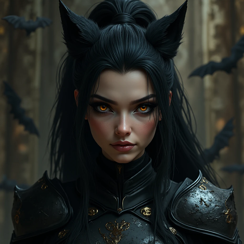 cinematic fantasy cyberpunk outfit, photorealistic, 8k, best quality, dramatic colors, intricate corpo lindo armor, beautiful tiefling woman, extremely detailed eyes and face, beautiful detailed eyes, beautiful detailed lips, long eyelashes, giant cat pet, masterpiece