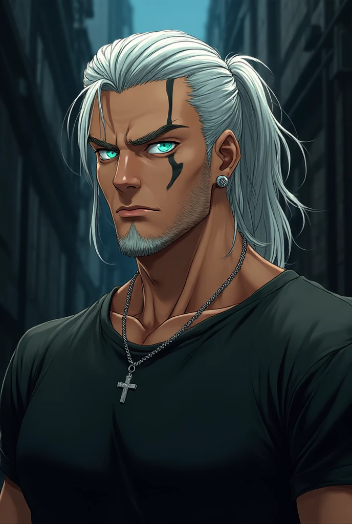 A woman with Nordic features with long black hair wearing a black  and an overcoat and with a futuristic pistol in each hand next to a muscular man with Nordic features two meters tall and blond hair,  and with various animal tattoos scattered all over his body wearing black pants. --auto --s2